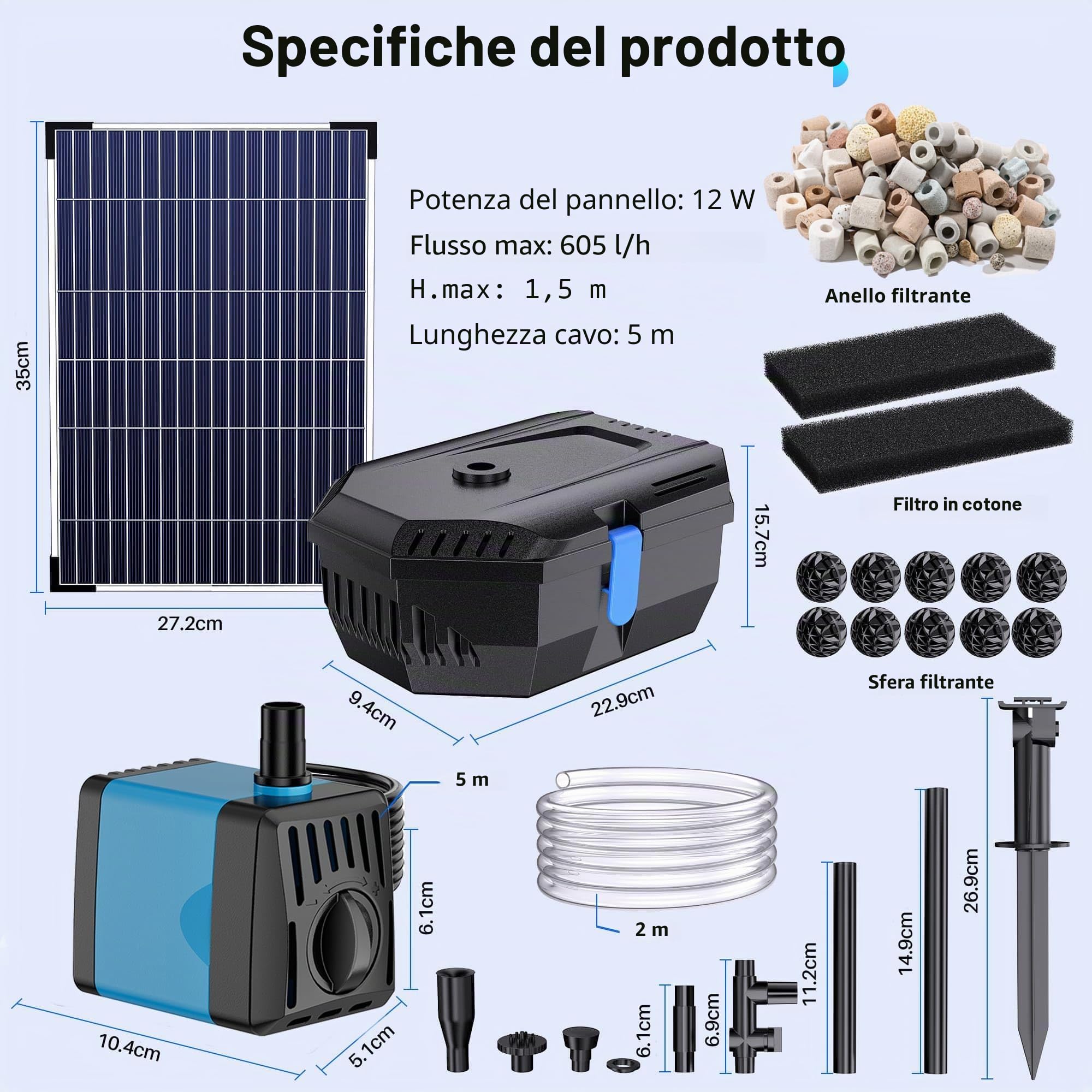 Biling Filtro solare per laghetto con pompa, 605 l/h, pompa solare con tubo, 4 ugelli da 5 m, cavo fai da te, fontana solare per laghetti esterni, serbatoio di pesce, cascata, soluzione pulita per