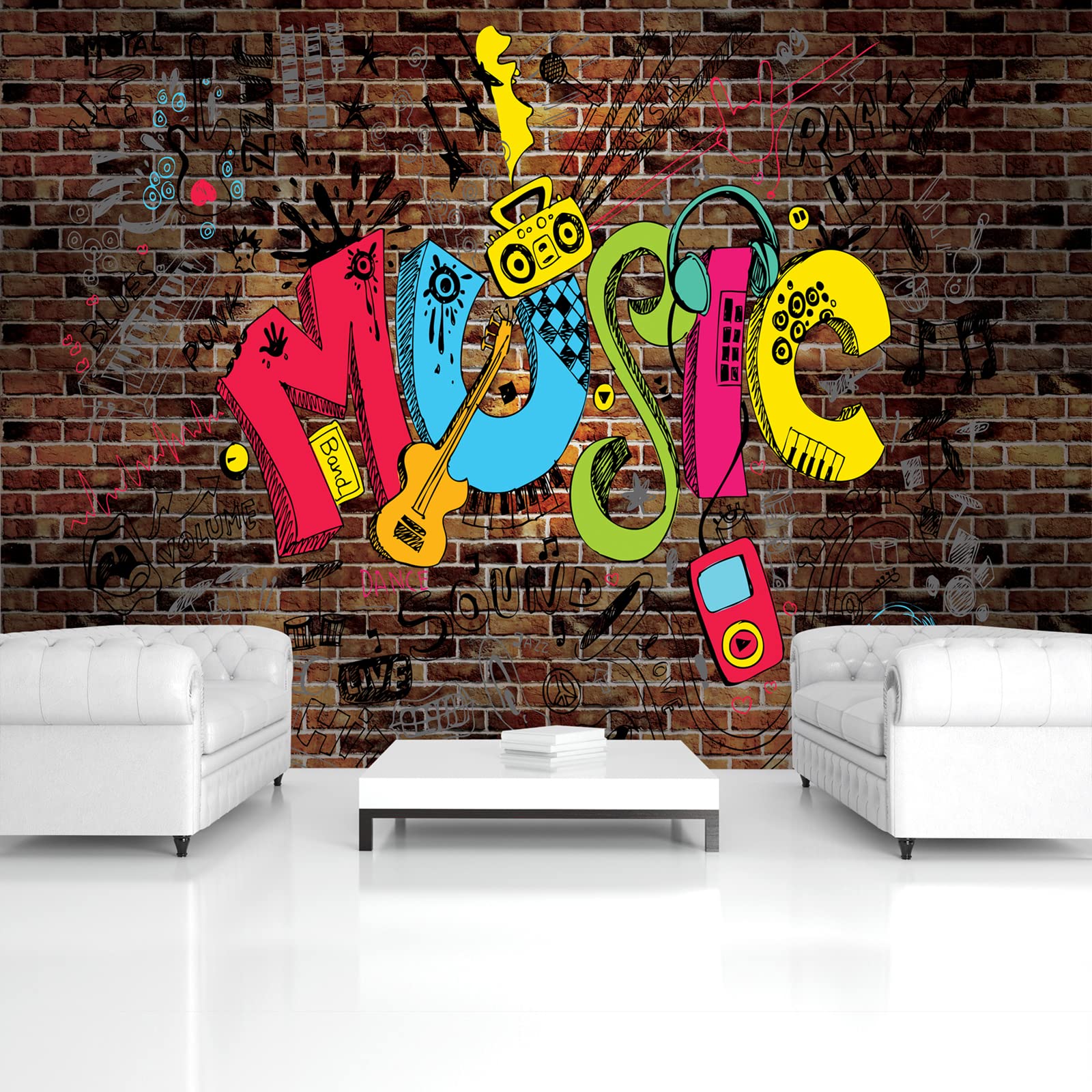 Papel Pintado Infantil Graffiti Juventud Música Muro Ladrillos - Incluye Pegamento - Fotomurales Pared Tejido No Tejido Decorativos Murales Fotográfico XXL Moderno Decoración de Paredes (254x184 cm)