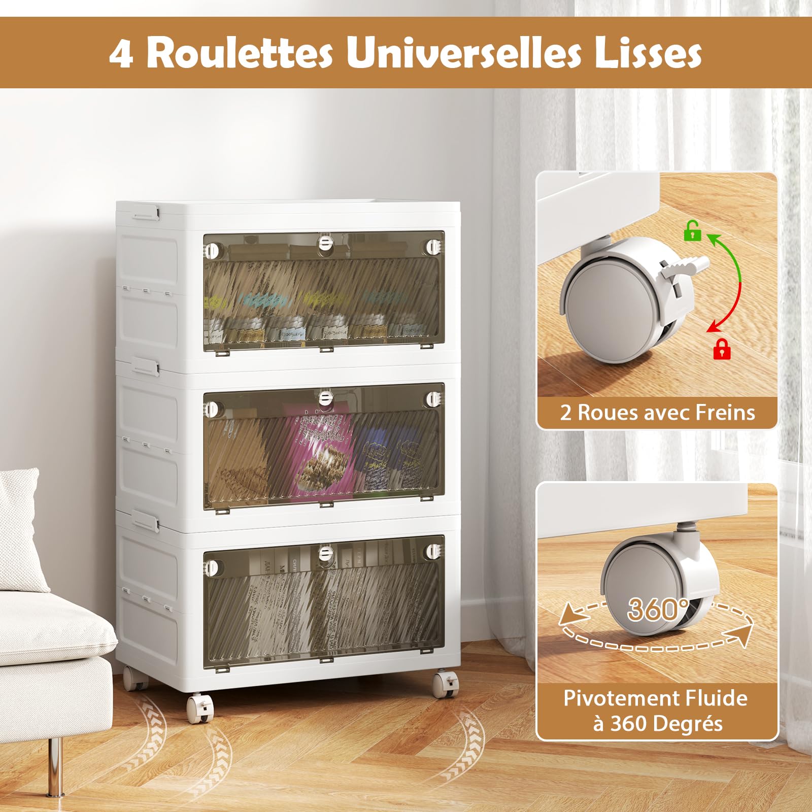Stapelbare Aufbewahrungsbox mit 3 Ebenen, 42 l pro Ebene, seitliche Clip-Verriegelungen, transparenter abschließbarer Deckel und 2 transparente Türen, ideal für Schlafzimmer und Wohnzimmer