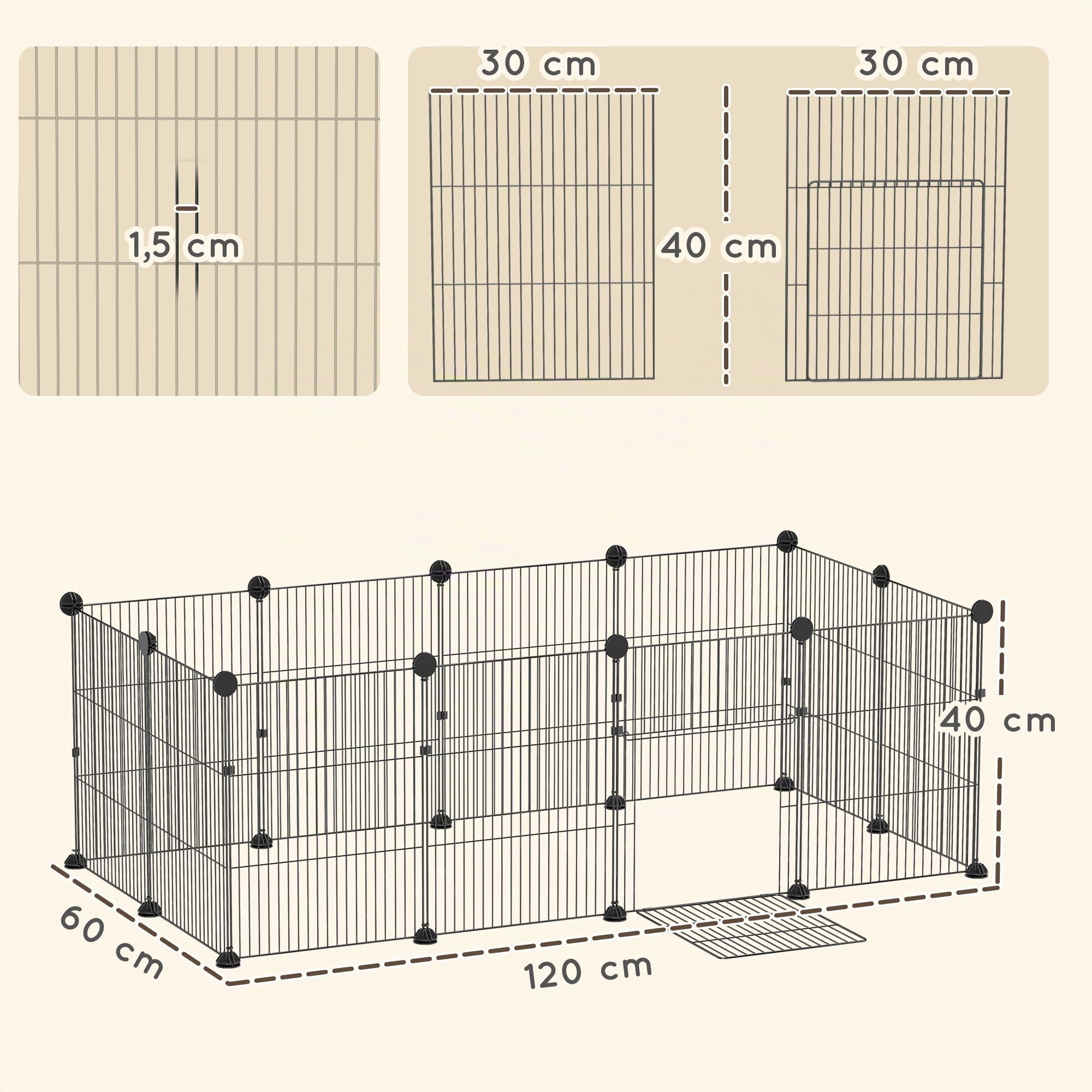 PawHut Kleintiergehege mit Bodenplatten 12 Paneel 120x60x40 cm Schwarz