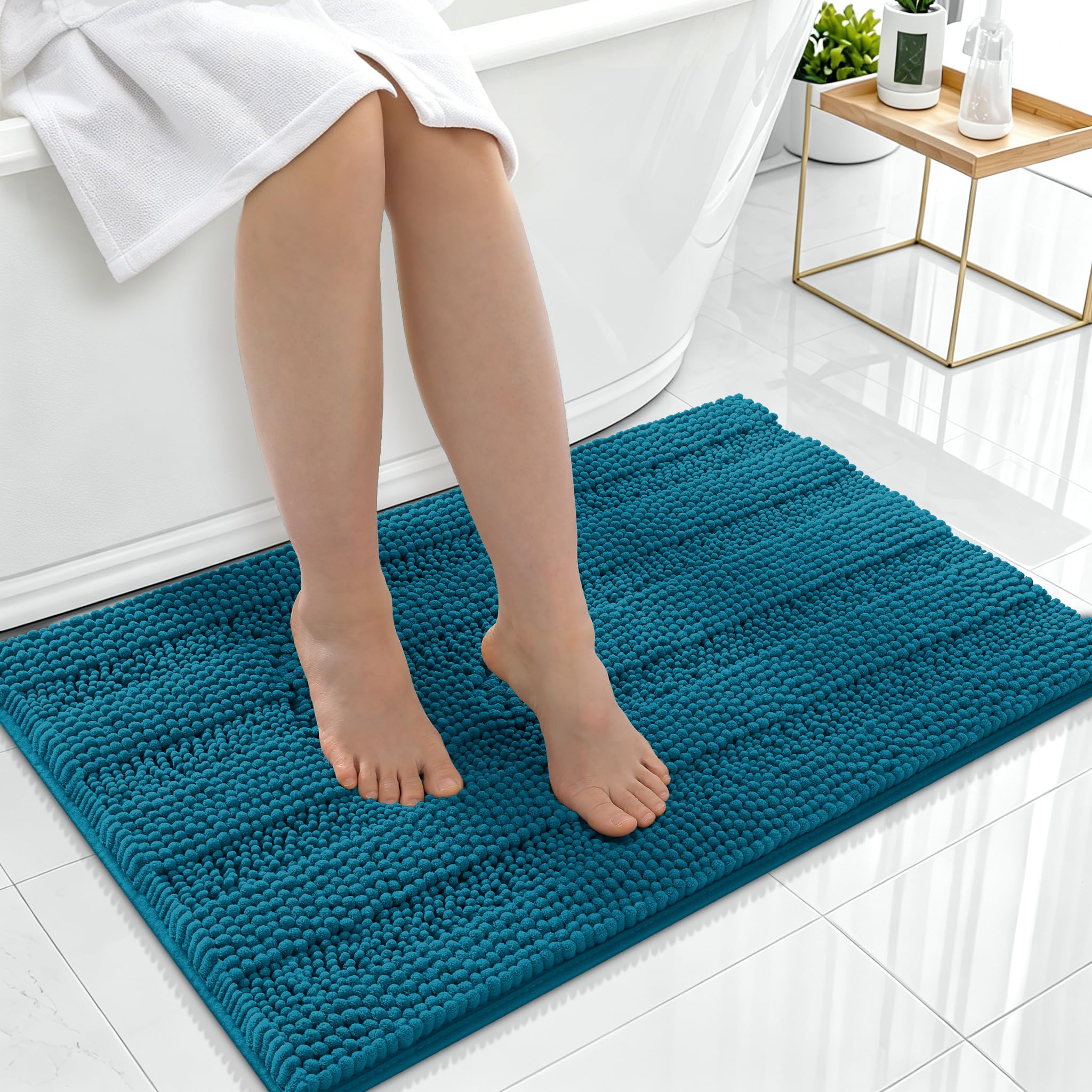 Smiry Thick Chenille Bathroom Rugs 36x24, Absorbent Bath Mat, Peacock Blue