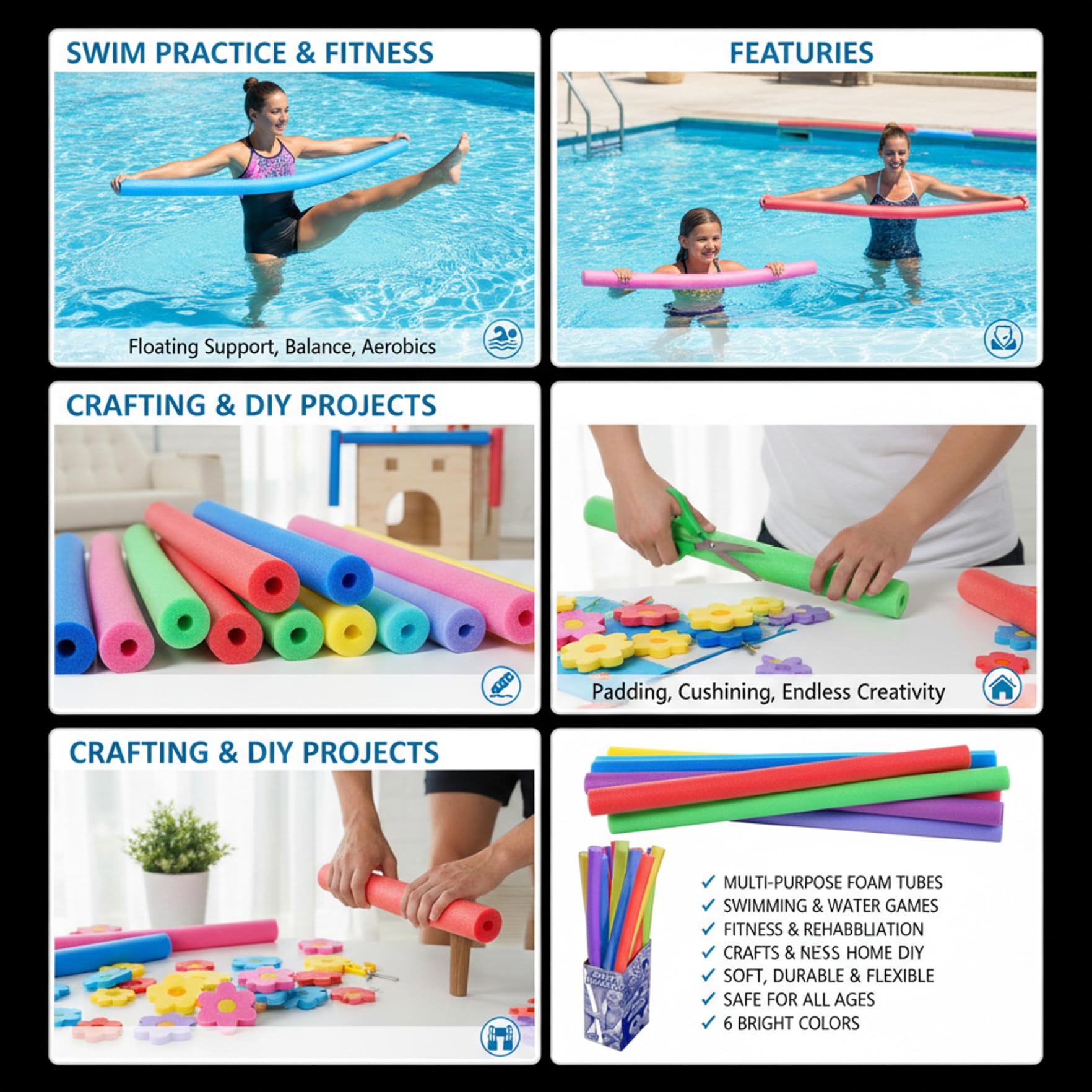 Nouilles de Piscine Paquet de 6 Nouilles Natation Colorées Flotteurs en Mousse à Noyau Creux 59 Pouces Long pour l'exercice Amusant d'eau Lac Piscine et l'artisanat Bricolage