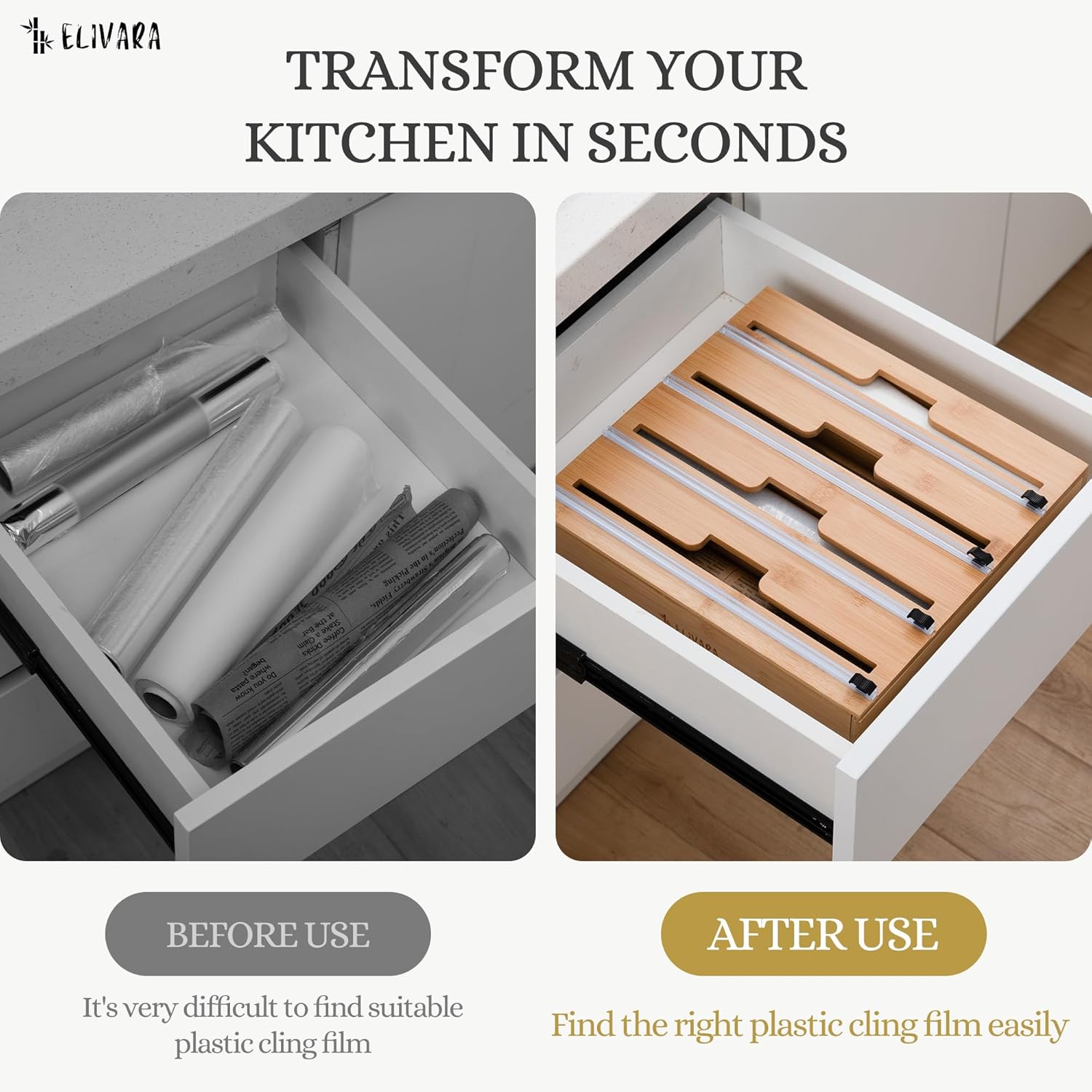 4-in-1 Bamboo Wrap Organizer with Cutter – Holds Plastic Wrap, Foil, Parchment & Paper Towels – Drawer or Countertop Use – Durable Bamboo Dispenser with Labels - Image 3