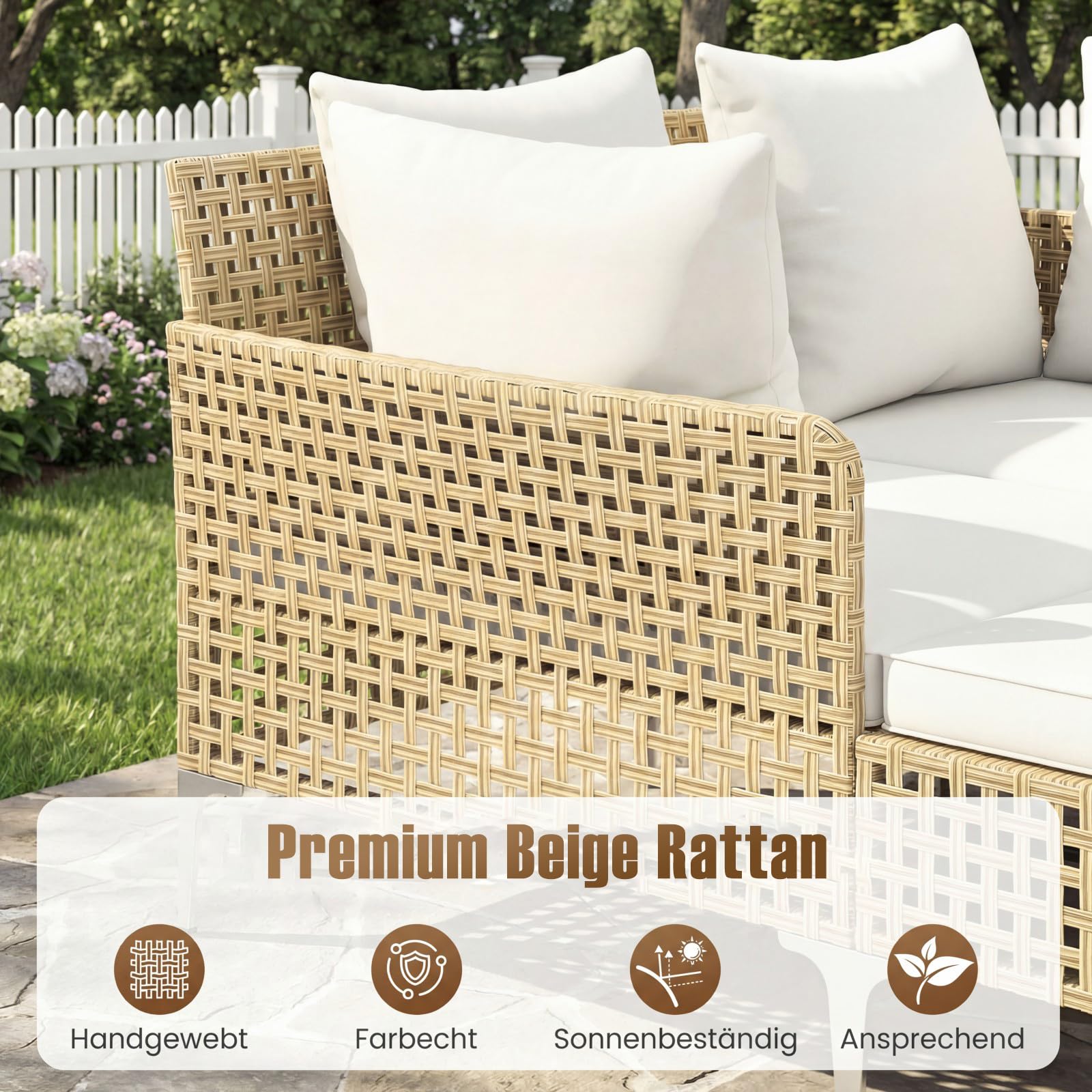 COSTWAY Sonnenliege 2 Personen, Rattan Doppelliege mit Sitz- & Rückenkissen, Gartenliege wetterfest, Liegestuhl, Sonnenbett, Outdoor Liege für Garten, Terrasse, Balkon