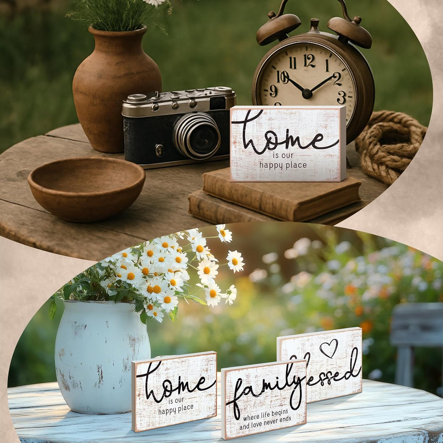 Jetec 3 Pcs Wooden Family Sign Rustic Blessed Home Wall Art Mini Wood Wall Decor Farmhouse Table Shelves Decoration Sign for Bedroom Kitchen Living Room Table Decor (Retro Color,7 x5 x 0.59 in)