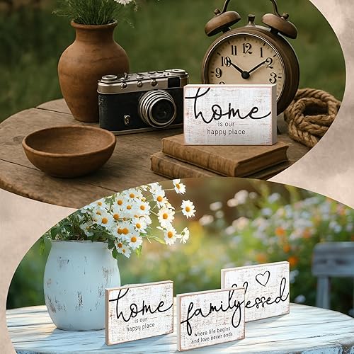 Miniatura 16 de Jetec 3 letreros de madera rústica con texto en inglés "Family Home Blessed", mini letrero decorativo de madera para decoración de mesa de granja