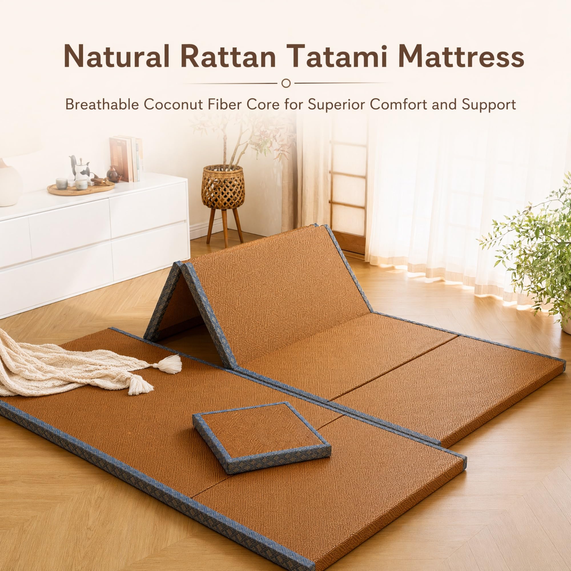 NEPHRA Tatami Pieghevole, Futon Giapponese Antiscivolo & Traspirante, Tatami Giapponese con Fibra di Cocco Naturale, Spessore 3/5 cm Tappetino per Yoga, Meditazione e Zen(100 x 200 x 3 cm)