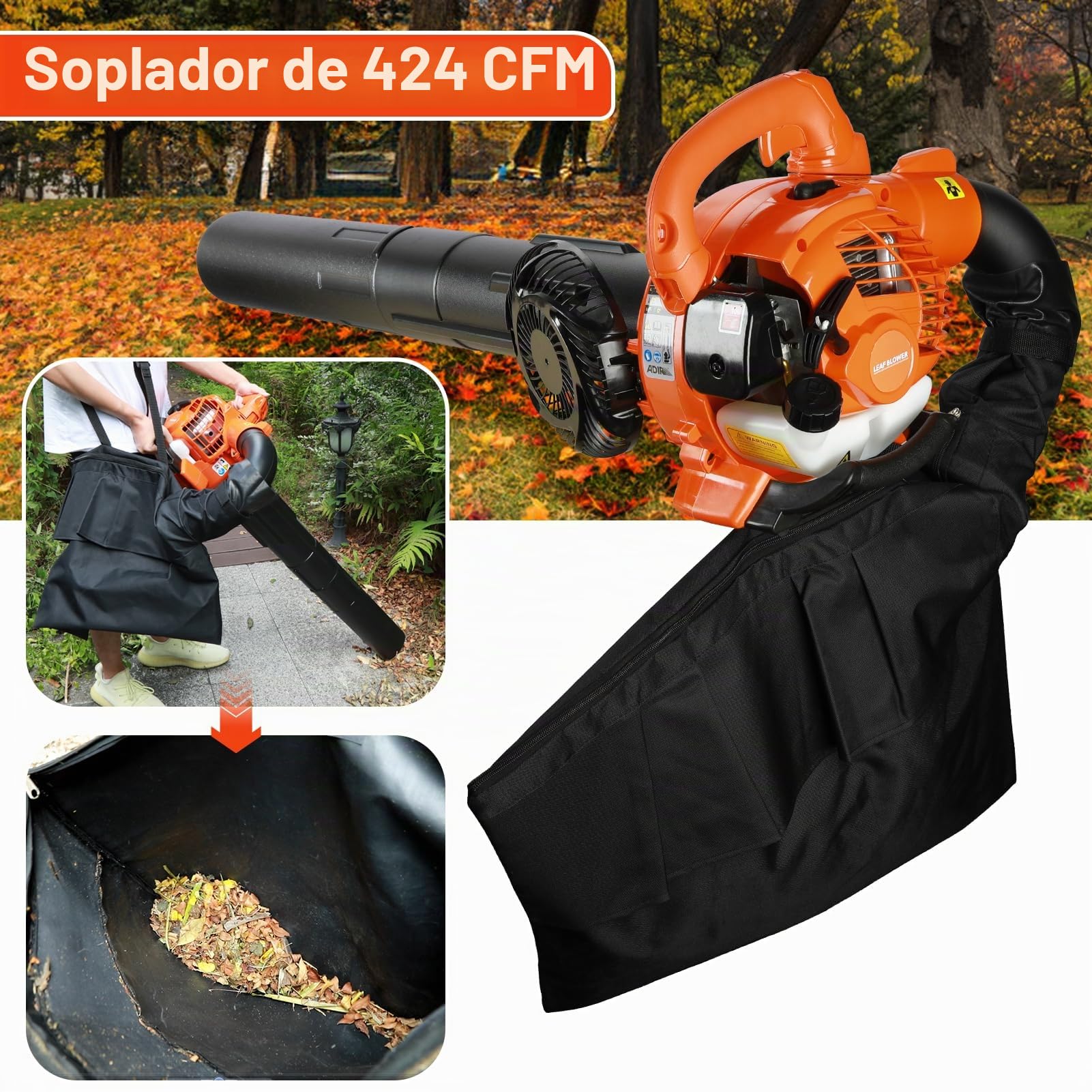 Soplador de hojas y aspiradora, aspiradora inalámbrica 3 en 1 de gasolina y trituradora de hojas de jardín con dos asas y bolsa, aspiradora de mano de 2 tiempos para limpieza de césped, polvo, garaje