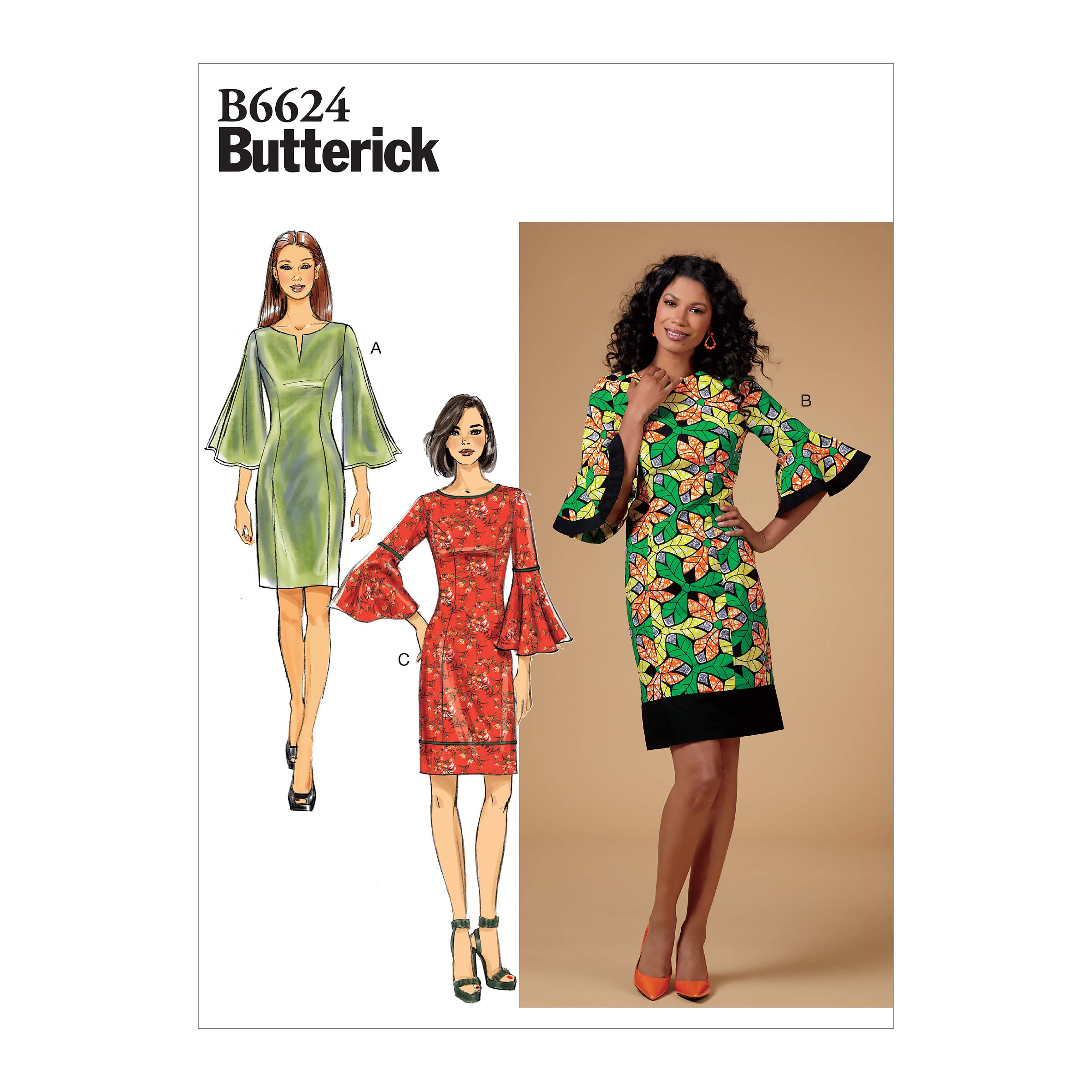 ButterickB6624B5 Easy Women's Ruffle Sleeve Dress Sewing Patterns, Sizes 8-16
