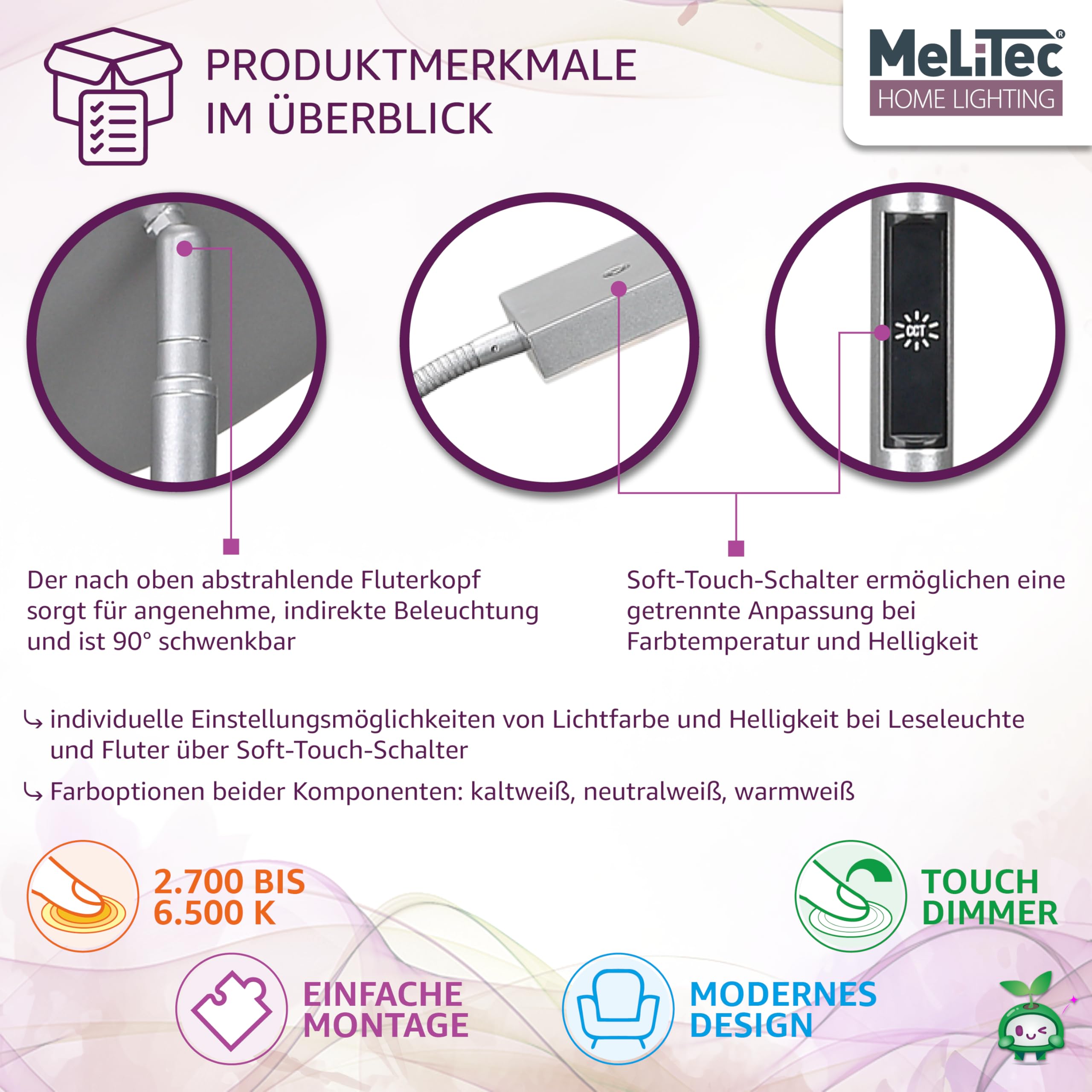 MeLiTec LED Deckenfluter mit Leseleuchte | Titan | Eckig | Dimmbar Warm- bis Kaltweiß | Stehlampe | ST59