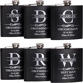 Set of 6, Groomsmen Gifts for Wedding | Personalized Groomsmen Flasks w/Optional Gift Box, Bachelor Party Team, 6 oz. Custom Engraved Hip Flasks for Best Man and Groomsman Proposal #3, Stainless Steel