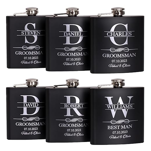Set of 6, Groomsmen Gifts for Wedding | Personalized Groomsmen Flasks w/Optional Gift Box, Bachelor Party Team, 6 oz. Custom Engraved Hip Flasks for Best Man and Groomsman Proposal #3, Stainless Steel