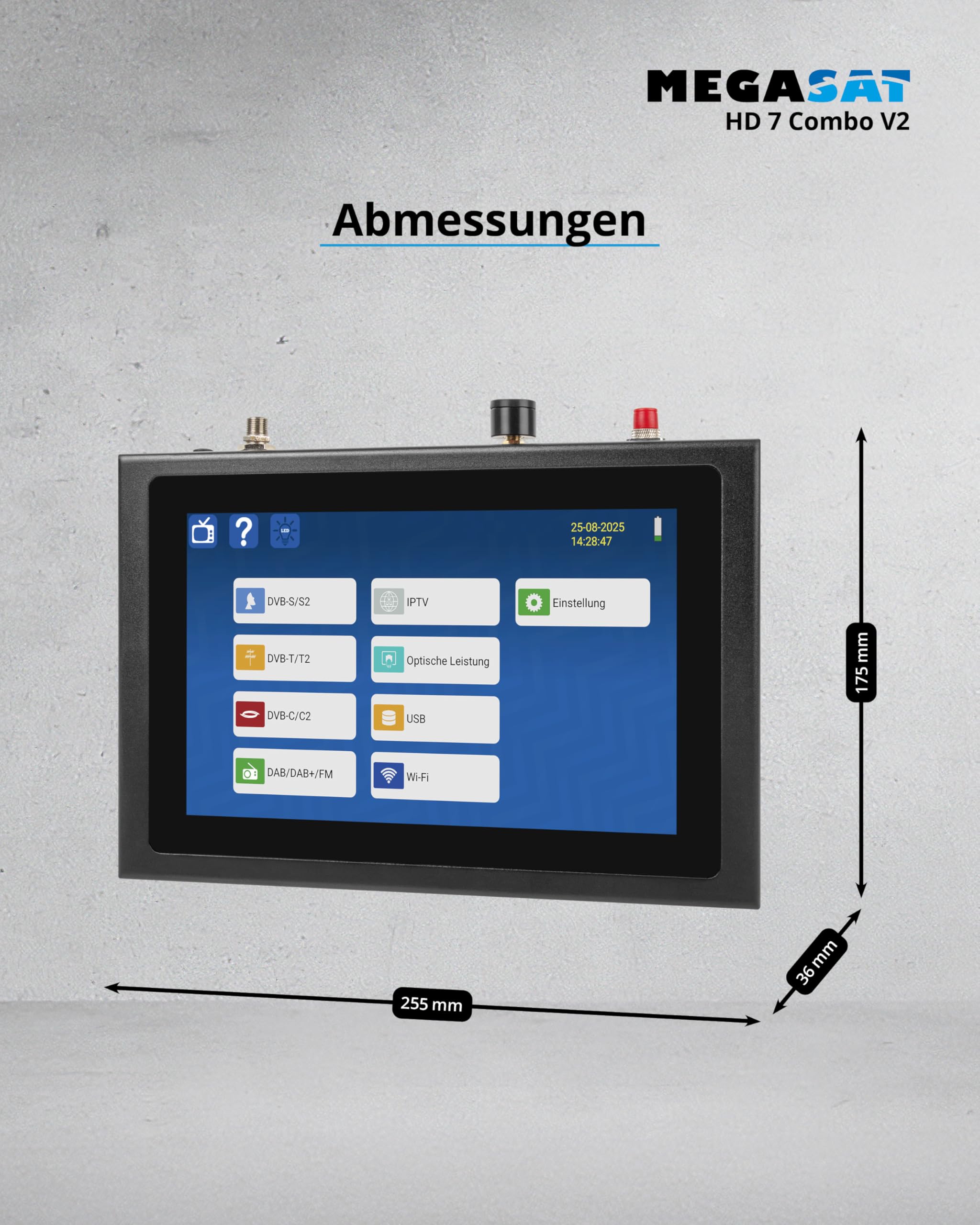 Megasat HD 7 Combo V2 – Combo-Messgerät mit Live-TV-Bild – Schwarz | Für DVB-S, DVB-S2, DVB-T, DVB-T2, DVB-C, DAB+, Unicable, 8,9″ Farbdisplay, Touchdisplay, Akku, Lampe