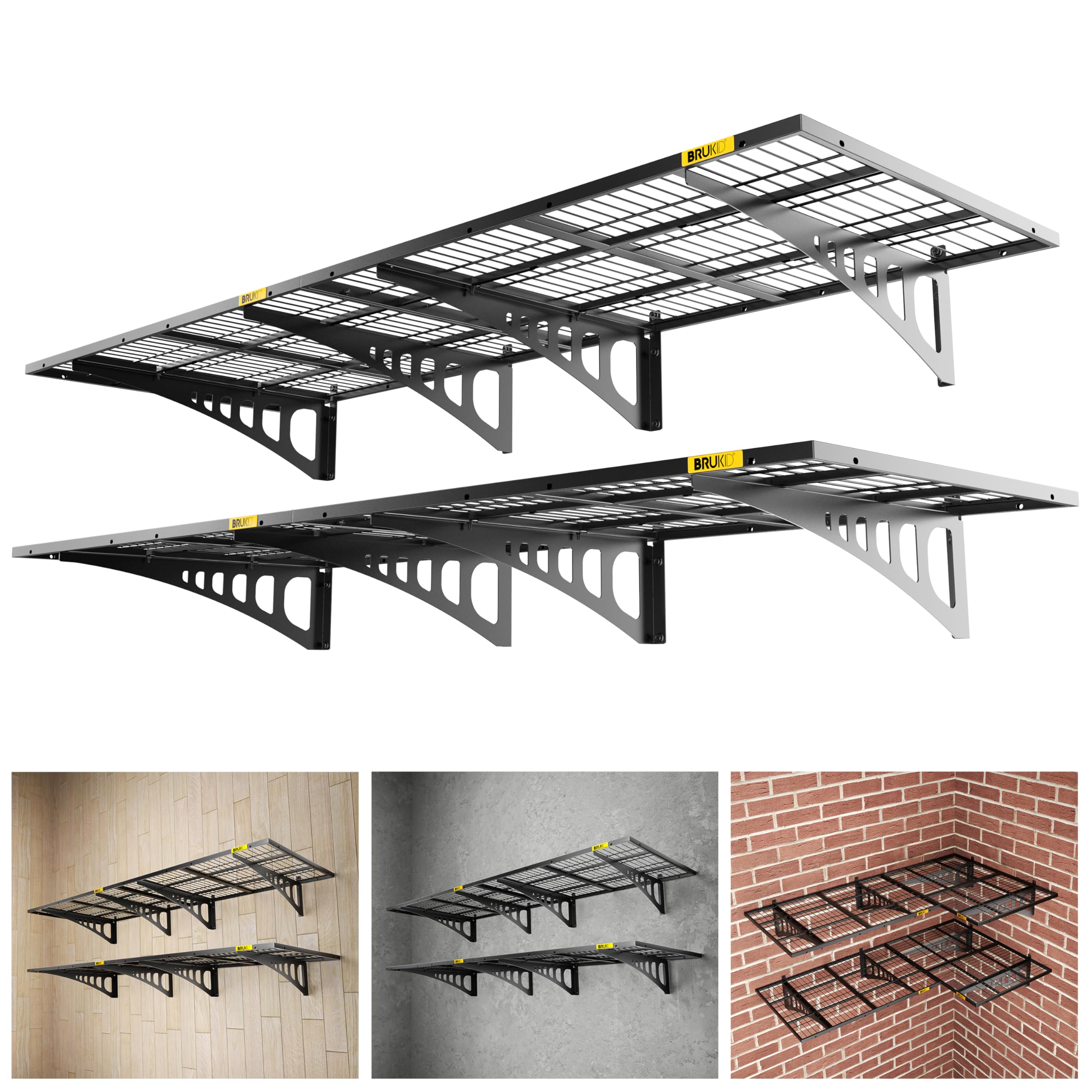 Brukid 2x3ft Adjustable Rail Wall Garage Storage Shelf, for Tool Room, Storage Room, Store Supermarket Wall Storage Shelving Rack (4 Pack-Black)