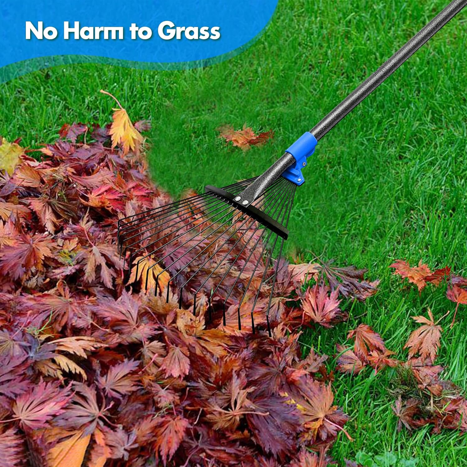 BsBsBest 75" Rake for Leaves with 18 Metal Tines 10-18" Expandable Head Rakes Adjustable Handle for Lawn Leaf Rake Yard Tools for Collecting Leaves, Grass Clippings, Garbage Blue