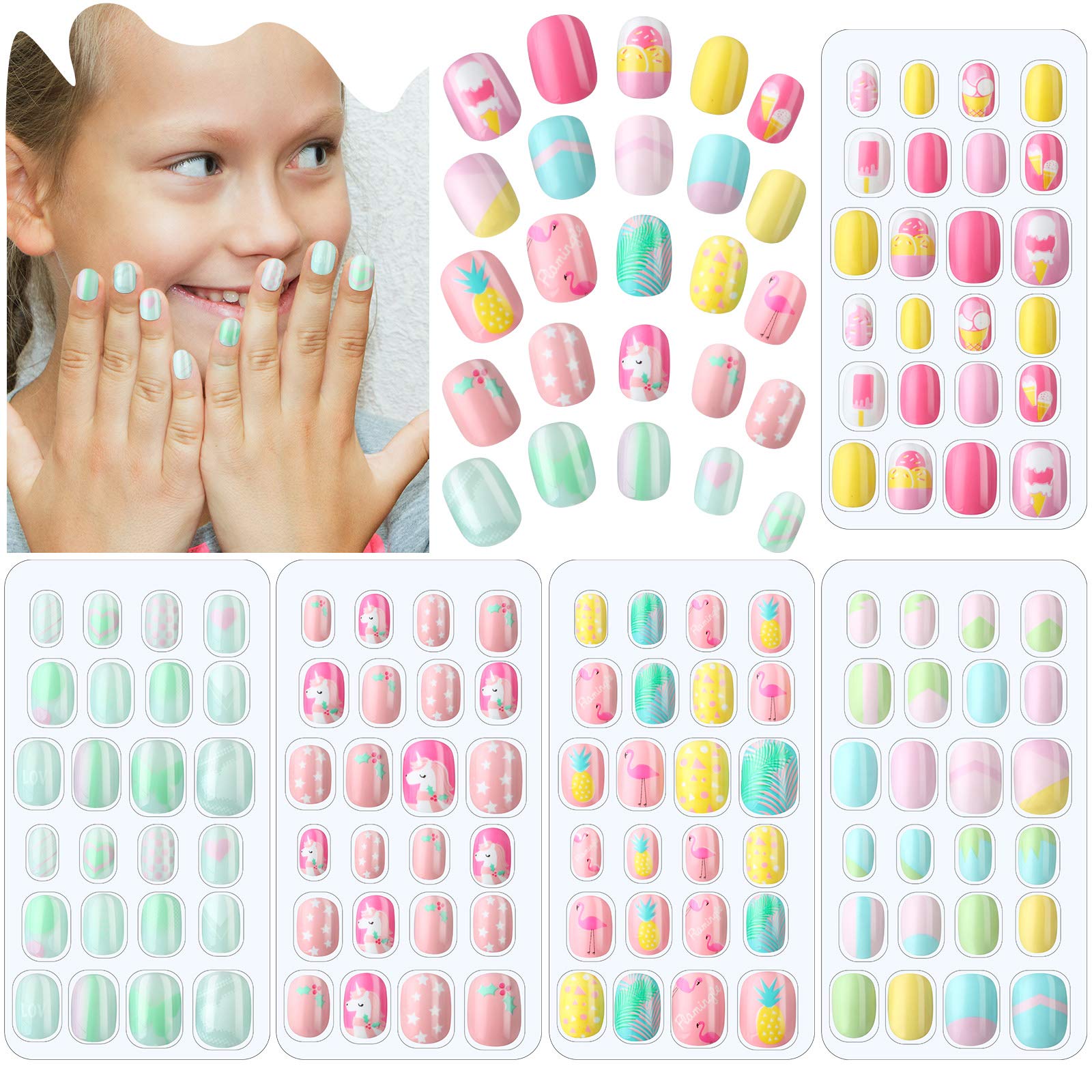 Maitys 120 Pieces Kids Press on Nails Children Fake Nails Artificial Nails Girls Full Cover Short False Fingernails for Girls Kids Nail Design Decoration (Bright Summer)