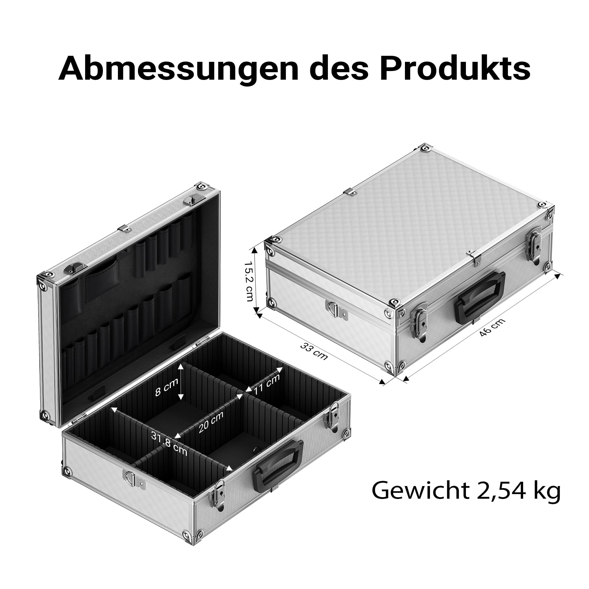 Wiltec Alu Universalkoffer 46x33x15,2 cm, Alubox abschließbar für Aufbewahrung und Transport von Werkzeug, Messgeräten usw., mit Griff und Tragegurt