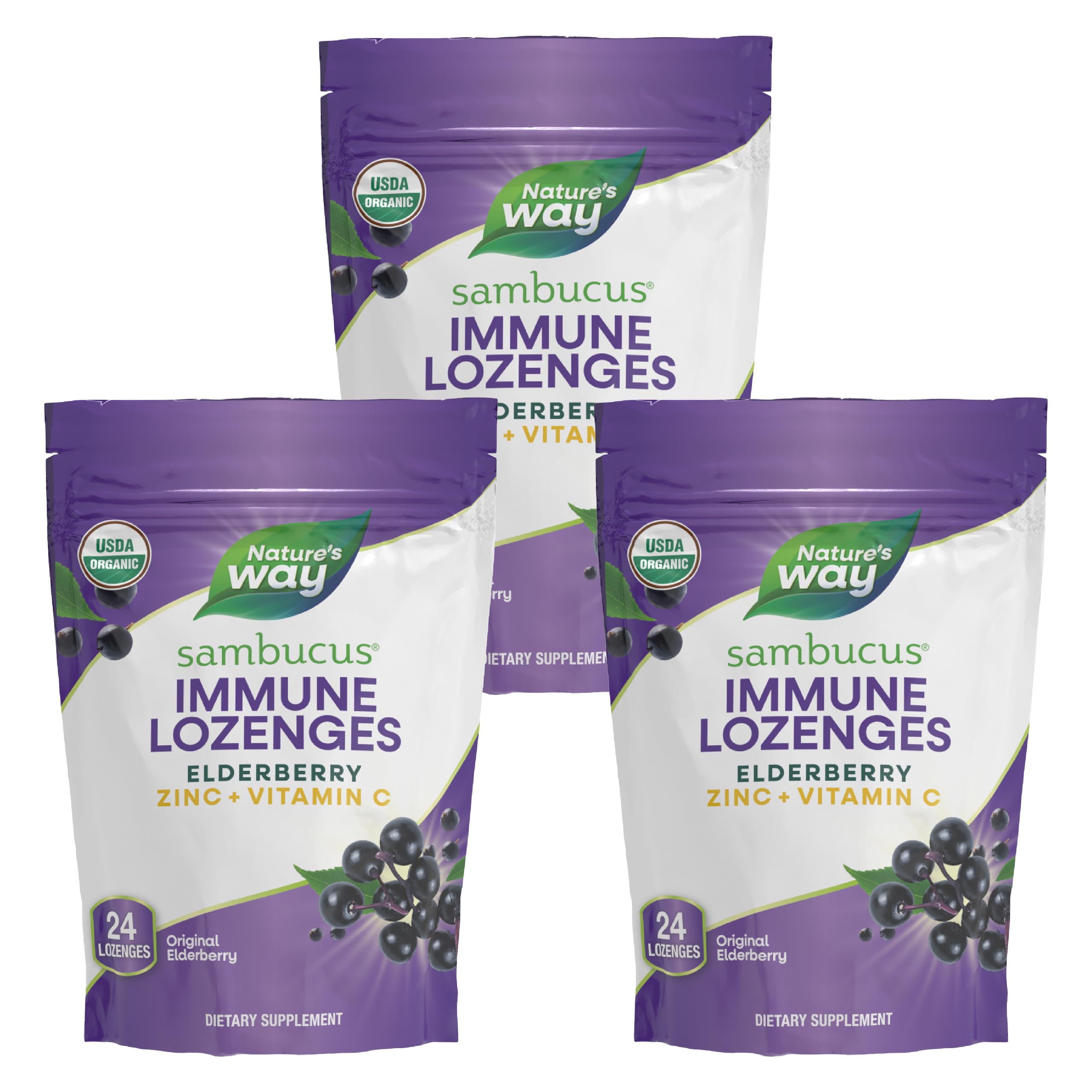 Nature's Way Organic Sambucus Zinc Lozenges - With Elderberry & Vitamin C - Vegan & Gluten Free - 24 Lozenges (Pack of 3)