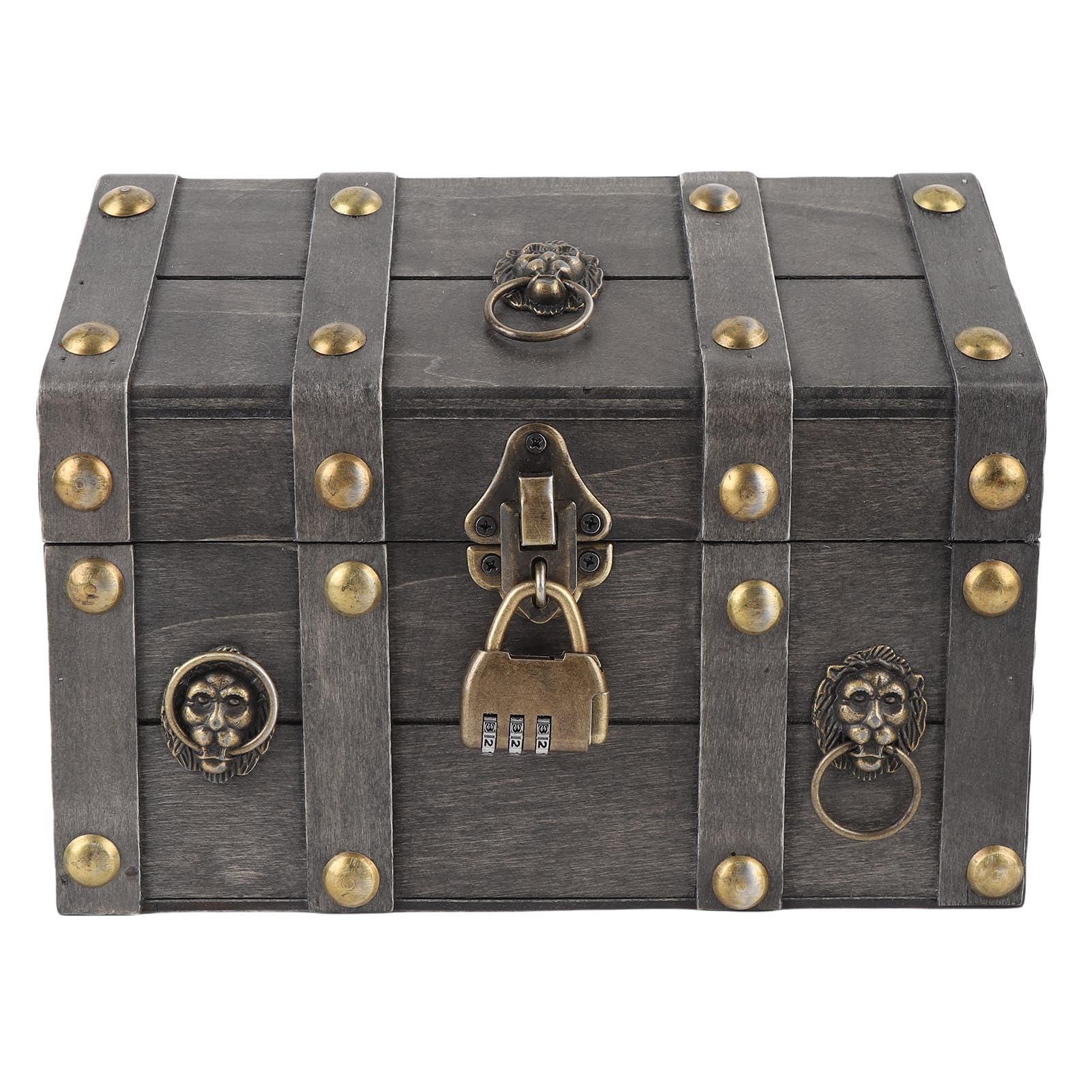 Drewniane pudełko do przechowywania biżuterii w stylu vintage Ozdobny organizer na klatkę piersiową z pokrywką na zawiasach Blokada hasłem (6300J-03GK10 Postarzany szary)