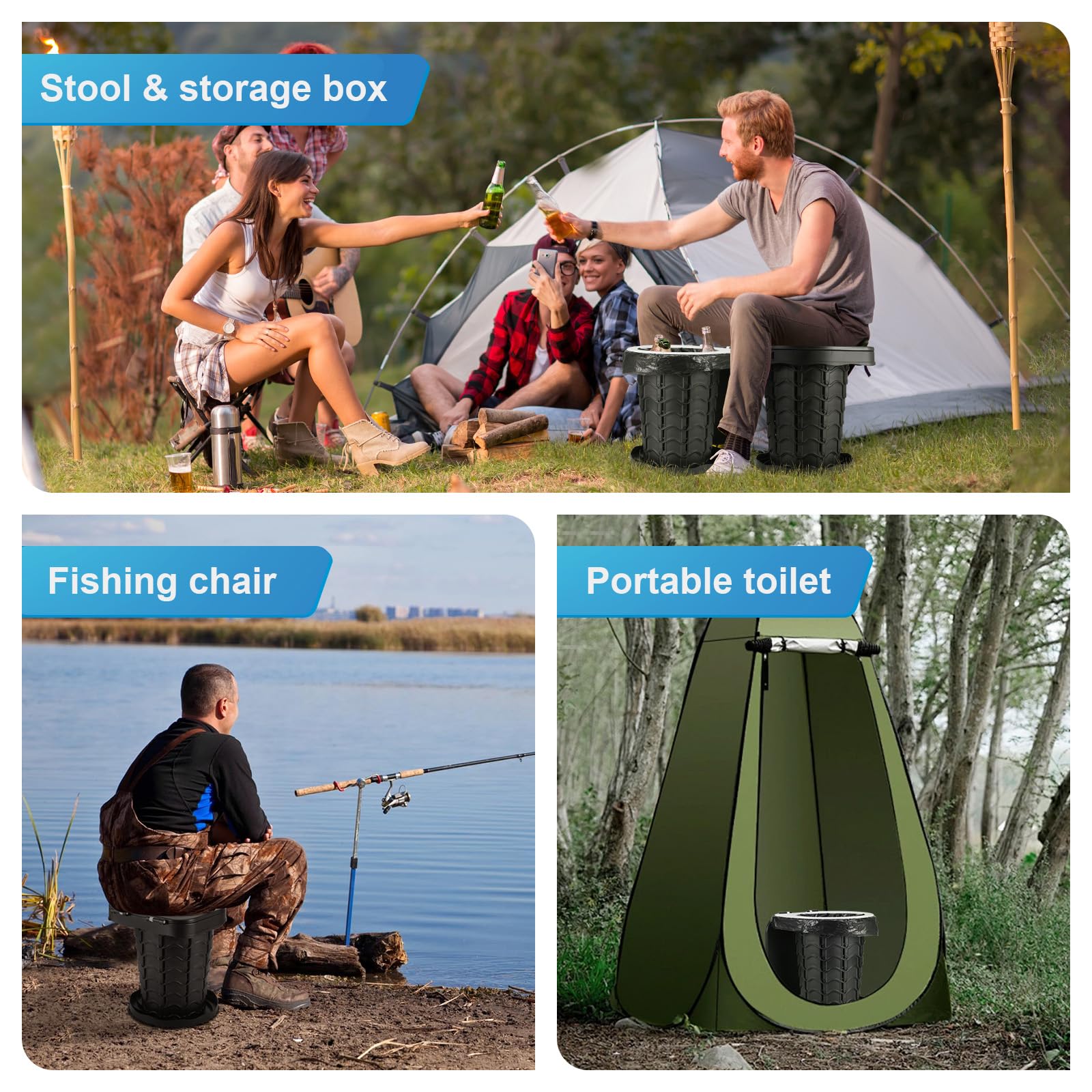 imodomio Camping Portable Toilet for Adults Portable Toilet Comes with 10 Bin Bags and is Ideal for Camping, Hiking, Fishing and Parties. Load Capacity up to 180 kg (Noire, S)