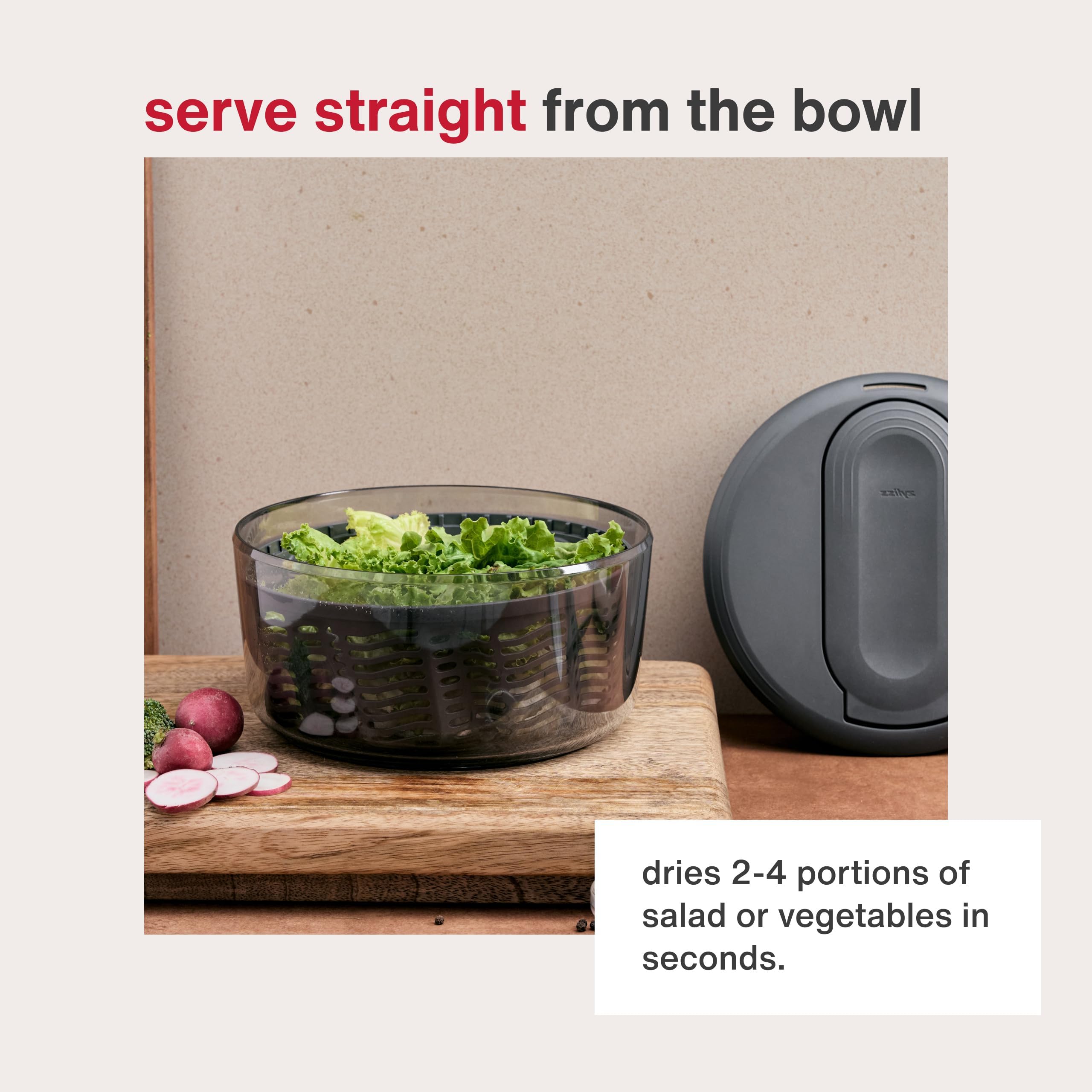 Zyliss Swift Dry Salatschleuder Klein, 3.5L, Mit Deckel, Mit Seilzug, Rutschfester Boden, Servierschüssel, AquaVent™-Technologie, Stopptaste, leicht zu reinigen, Spülmaschinengeeignet