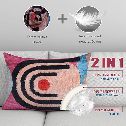 Miniatura 6 de Almohada decorativa hecha a mano con relleno de plumón, rosa, marrón, rojo violeta, diseño abstracto, funda de cojín de seda de terciopelo suave
