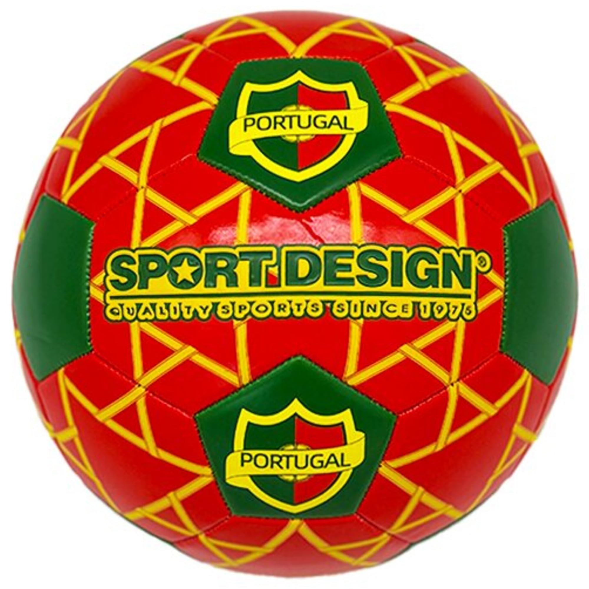 Sport Design: Piłka nożna - Portugalia - Projekt międzynarodowej drużyny krajowej: czerwono-zielono-żółta, zszyta piłka 32 panelowa, oficjalny rozmiar 5, skóra syntetyczna