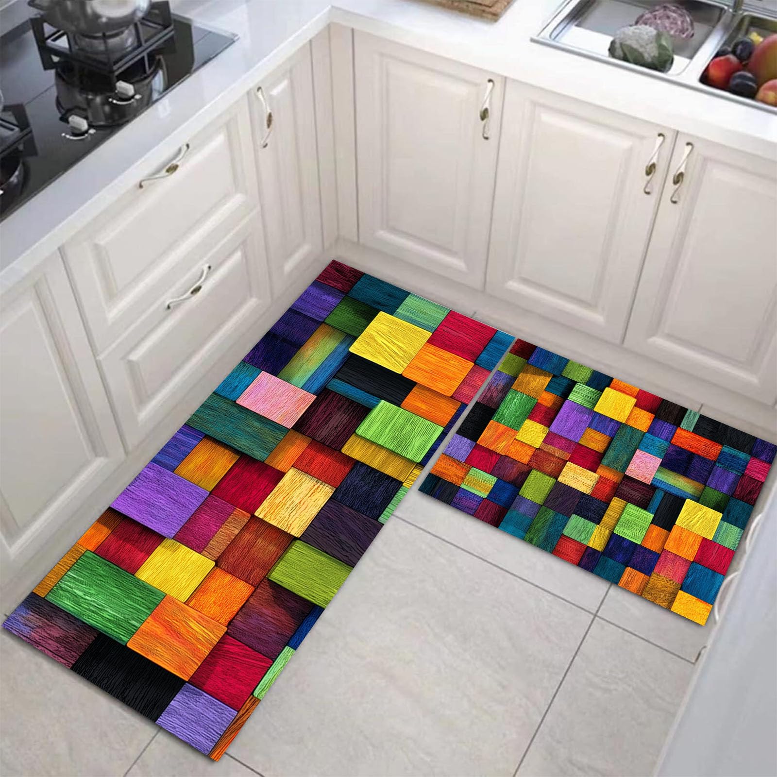 Tapis de cuisine blocs de bois arc-en-ciel 3D tapis bleu marine absorbant lavable