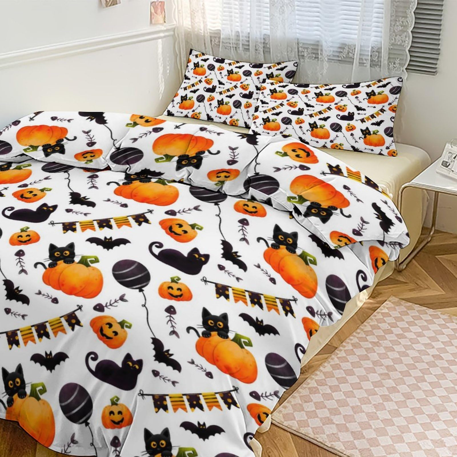 Custom Halloween Pumpkin Cat Balloon Duvet Cover with Name, Spooky Cute Personalized Bedding Set Spider Webs Bat Customized Duvet Cover Set Witch Hat Trick Or Treat Comforter Cover Set 3 Pieces