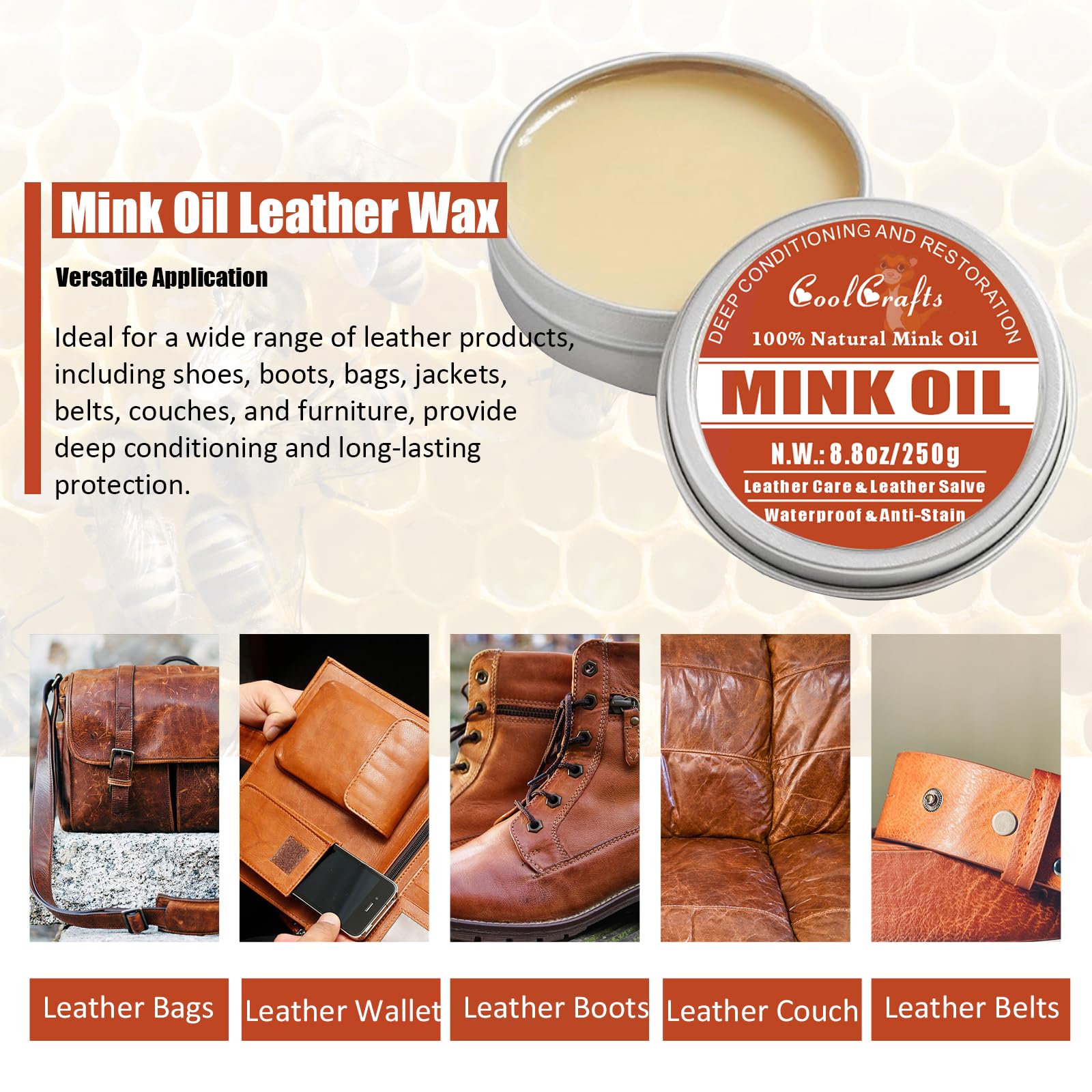 CoolCrafts Mink Oil Leather Wax for Leather Boots 8.8 OZ Leather