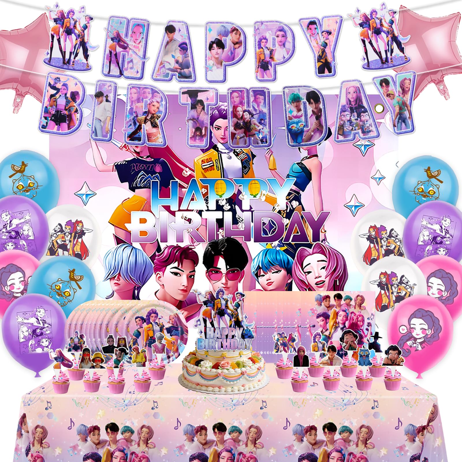 60 PCS Geburtstag Deko Set Mädchen, Rosa Partyzubehör mit Hintergrundtuch, Sternfolienballons, Latex Luftballons, Geburtstagsbanner, Teller Servietten Tischdecke Kuchendeckel