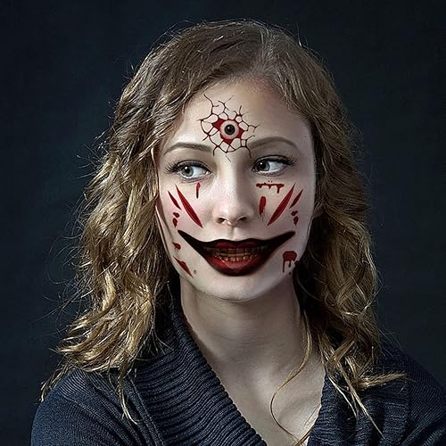 Miniatura 4 de Tatuajes falsos de cara grande de Halloween para adultos, broma de miedo, maquillaje de broma de miedo, kit de tatuaje temporal para mujeres,