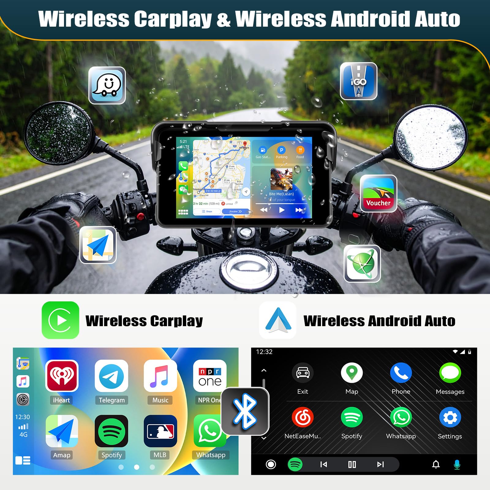 CAMECHO Moto Carplay Pantalla 5 Pulgadas con Wireless Carplay Android Auto IP68 Dispositivos de Navegación a Prueba de Agua, Pantalla Táctil con Bluetooth para Motocicletas con Android Cast Airplay - 2