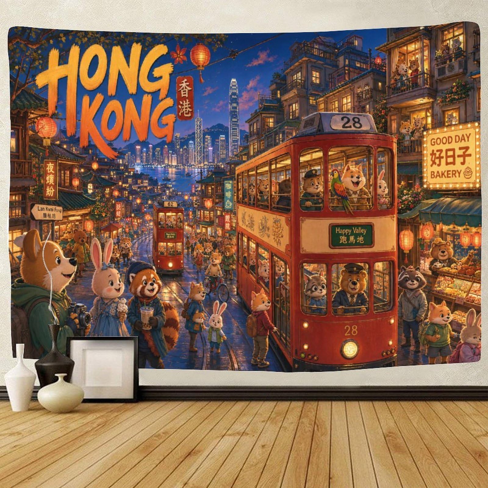 ASDFGHJKLZA Hong Kong Cityscape 3D Print Tapestry for Bedroom Wall Art Decor Tapestries Poster Curtain Bedroom Dorm 100cmx150cm
