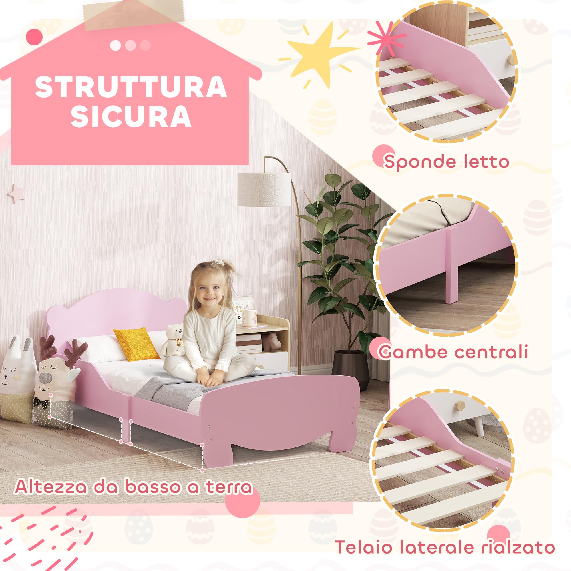 AIYAPLAY Letto Montessori Bambini 140x70 cm Lettino Singolo con Sponde Anti-Caduta Rosa