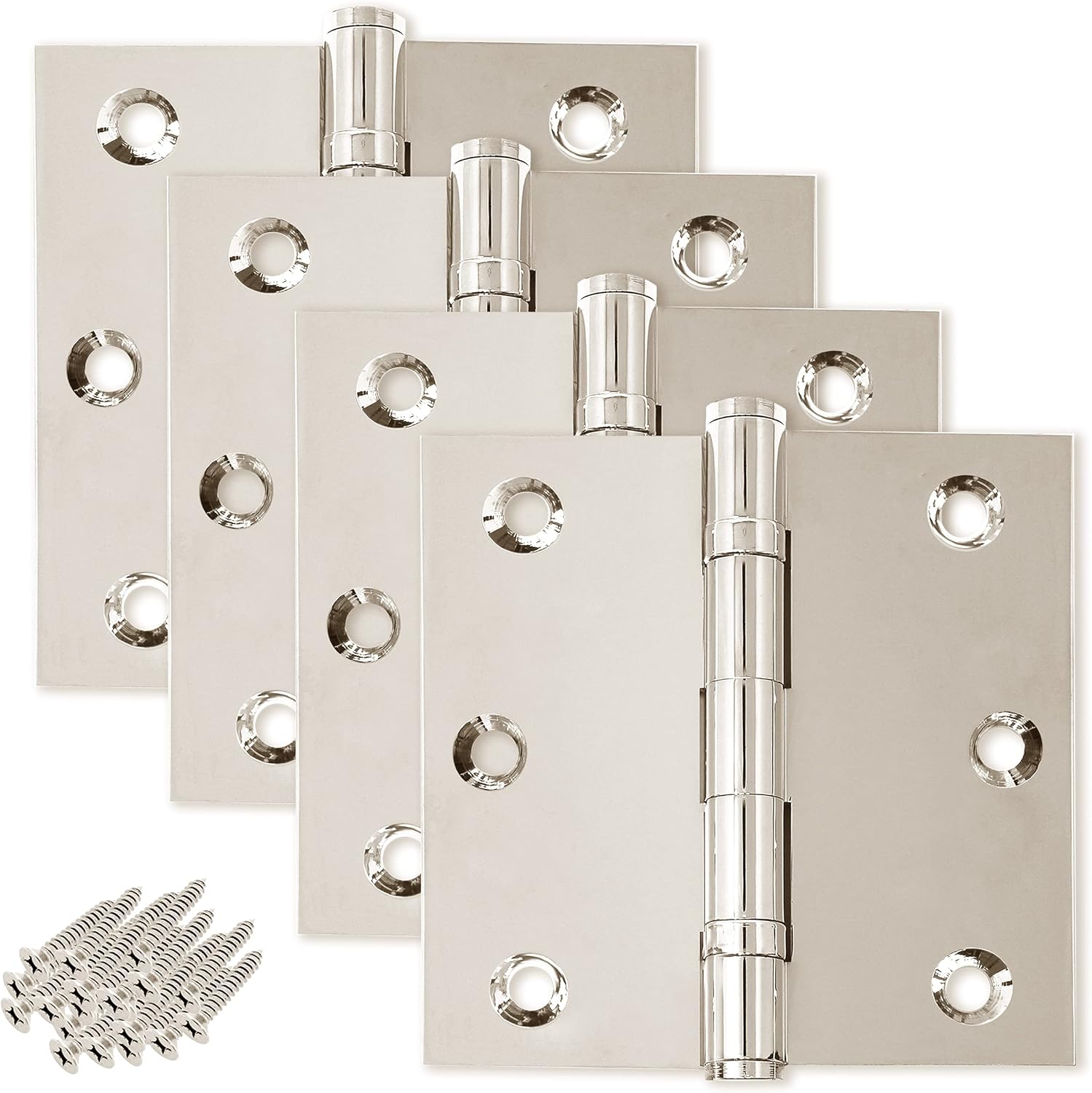 Solid Brass Door Hinge Heavy Duty Ball Bearing Shiny Silver 3x3 Inch - Set of 6 Hinges (Polished Nickel)