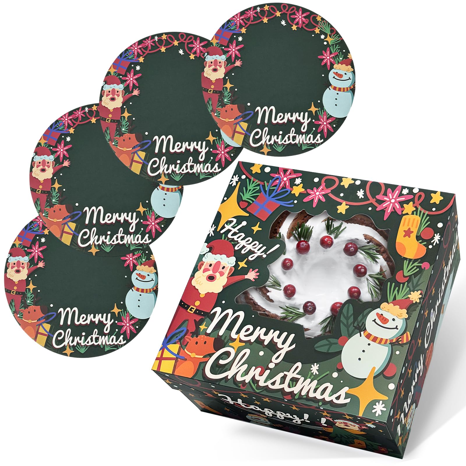 qiqee Christmas 12x12x6 Cake Box, 18 Sets Christmas Cake Box with Window ＆ 18 Sets 12" Christmas Snow Man Cake Round Boards, 12inch Cake Containers
