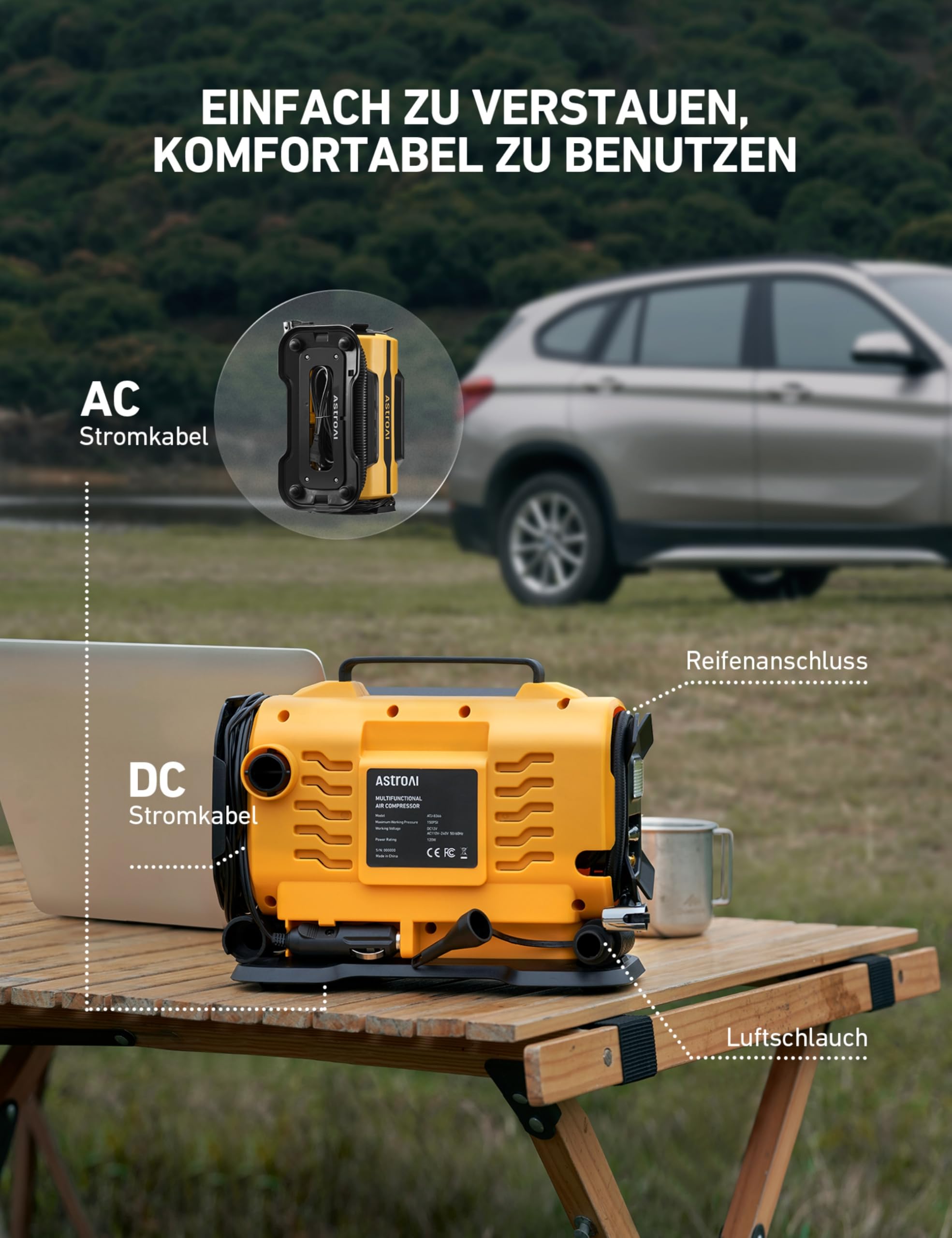 AstroAI Kompressor Auto 12V DC/230V AC Duale Stromquellen, 10,3 bar, Luftmatratzenaufpumpen Max. 350 L/min, Reifenaufpumpen Max. 25 L/min, Multifunktional für Fahrrad,Auto,Schlauchboote,Luftmatratze
