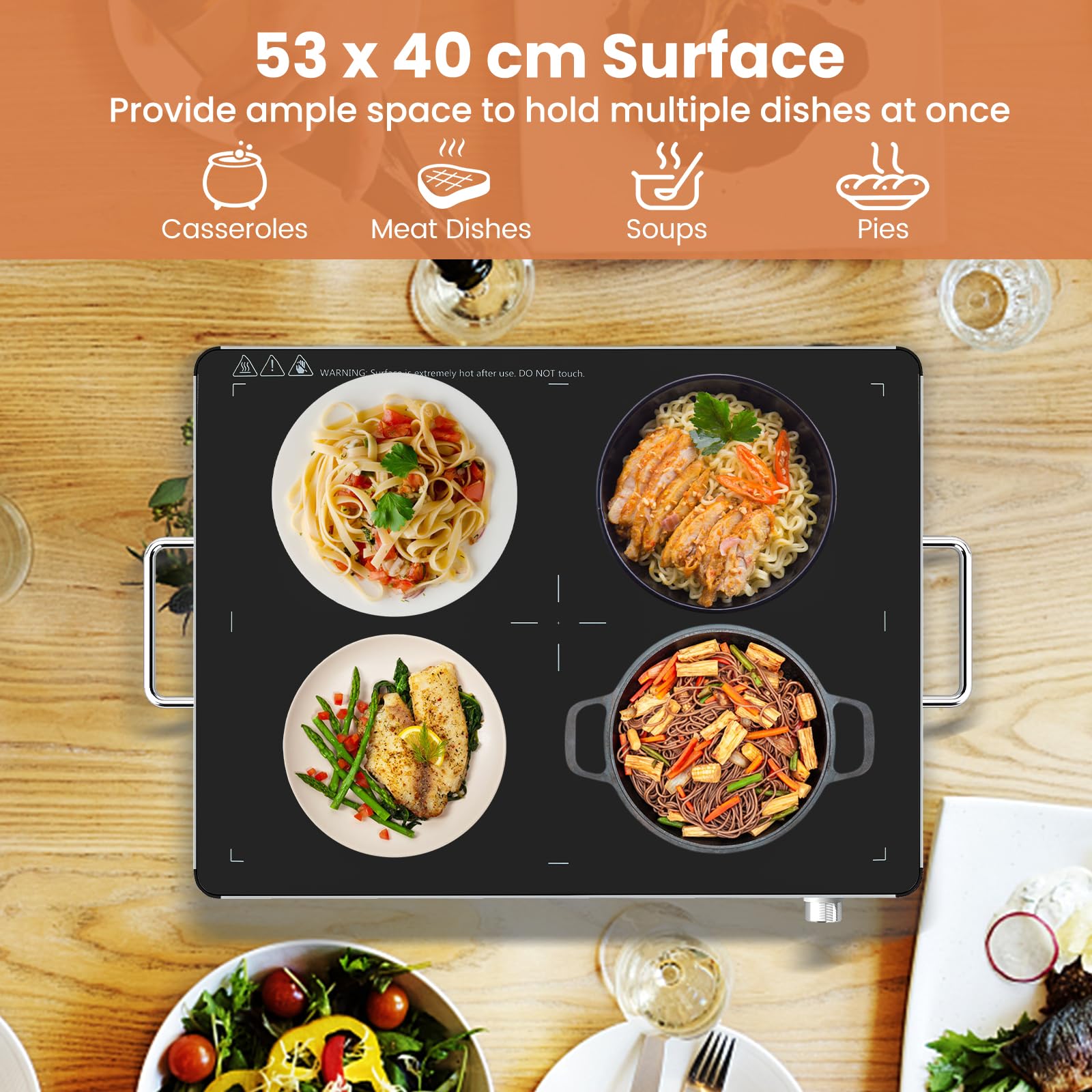 SOARS Vassoio Scaldavivande Elettrico 400 W, Scalda Vivande Temperatura Regolabile 30-120℃, Vassoio 53 X 40 CM, con Maniglia Cool-Touch, Superficie in Vetro Temperato, per Famiglia, Feste, Picnic