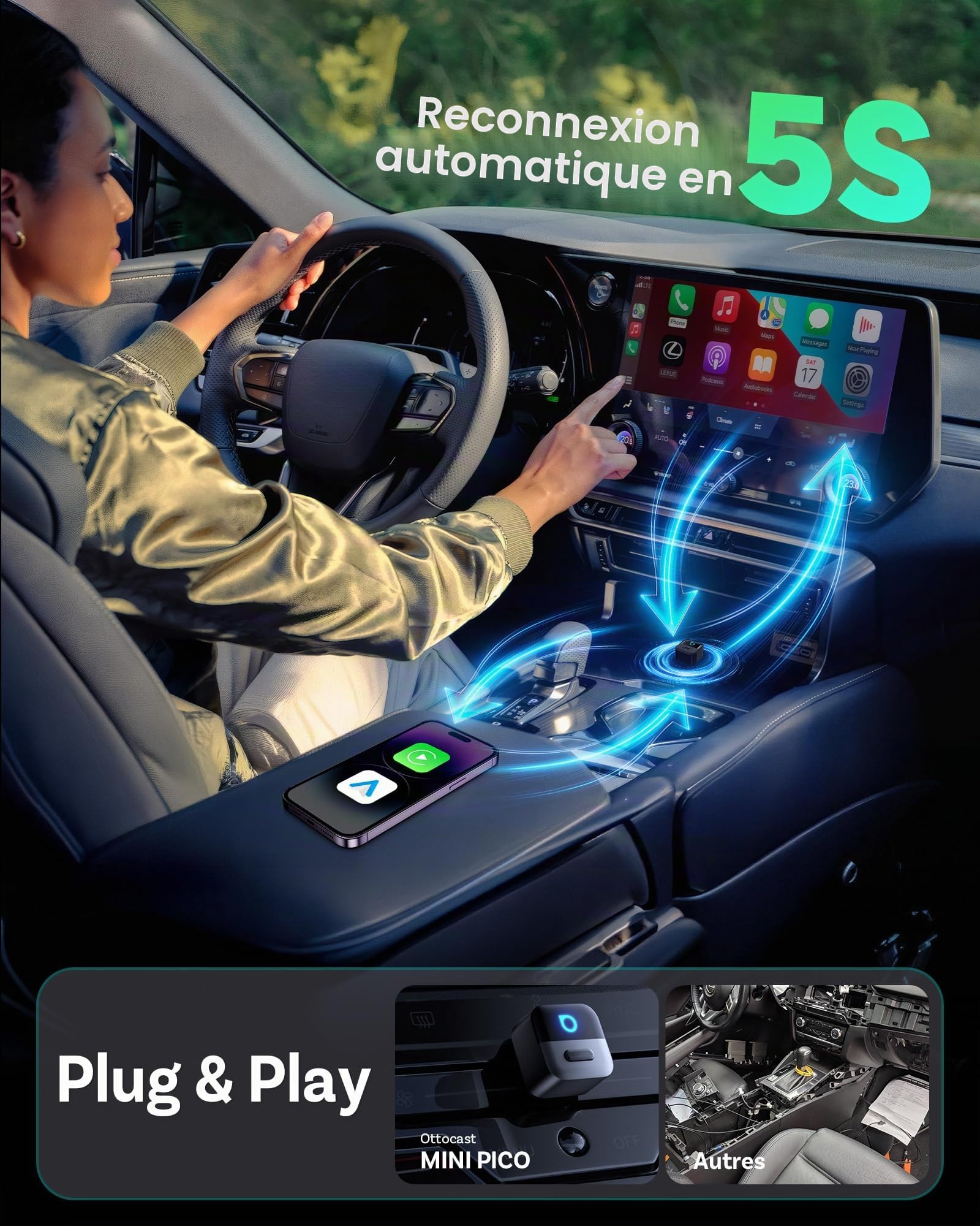 OTTOCAST Mini Pico 2026, Adaptateur sans Fil 2-en-1 CarPlay et Android Auto pour iOS 10+/Android 11+, Bouton Intelligent, Plug & Play, USB A/Type-C, Mise à Jour OTA, Convertit Filaires en sans Fil