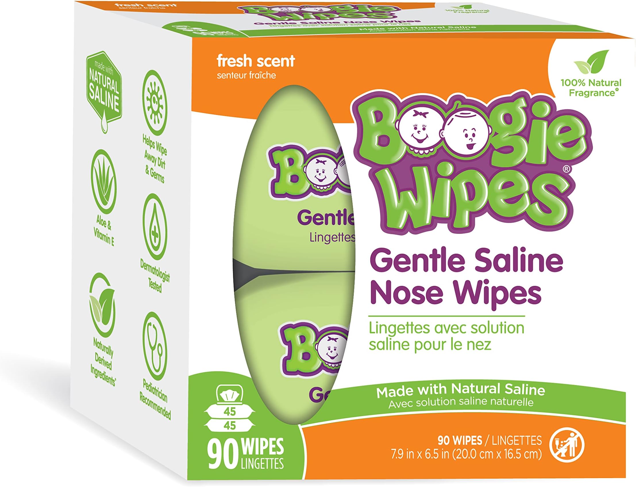 Boogie Wipes, Saline Wipes for Baby & Kids, Nose Booger Wipes for Allergy Relief, Face, Hand & Body, Made with Vitamin E, Aloe and Natural Saline, Fresh Scent, 45 Count (Pack of 2)