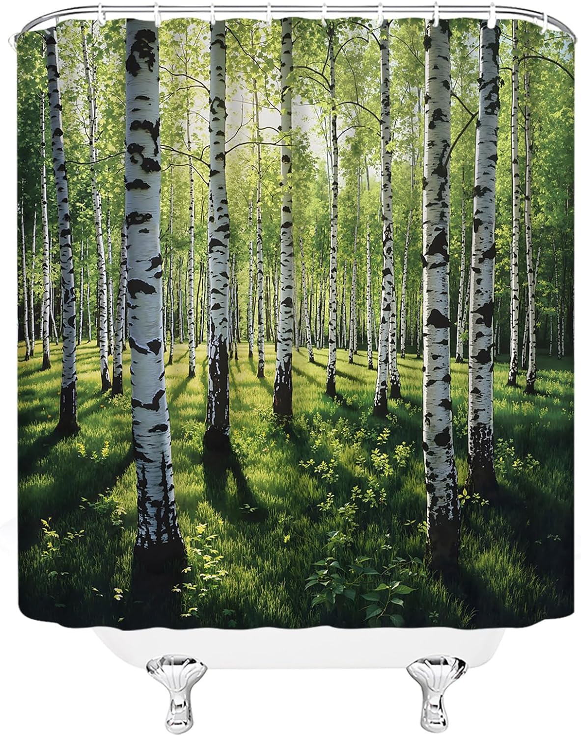 Green Forest Extra Long Shower Curtain,White Birch Tree Nature Landscape Bathroom Home Curtain Decor with Hooks,70x78 Inch