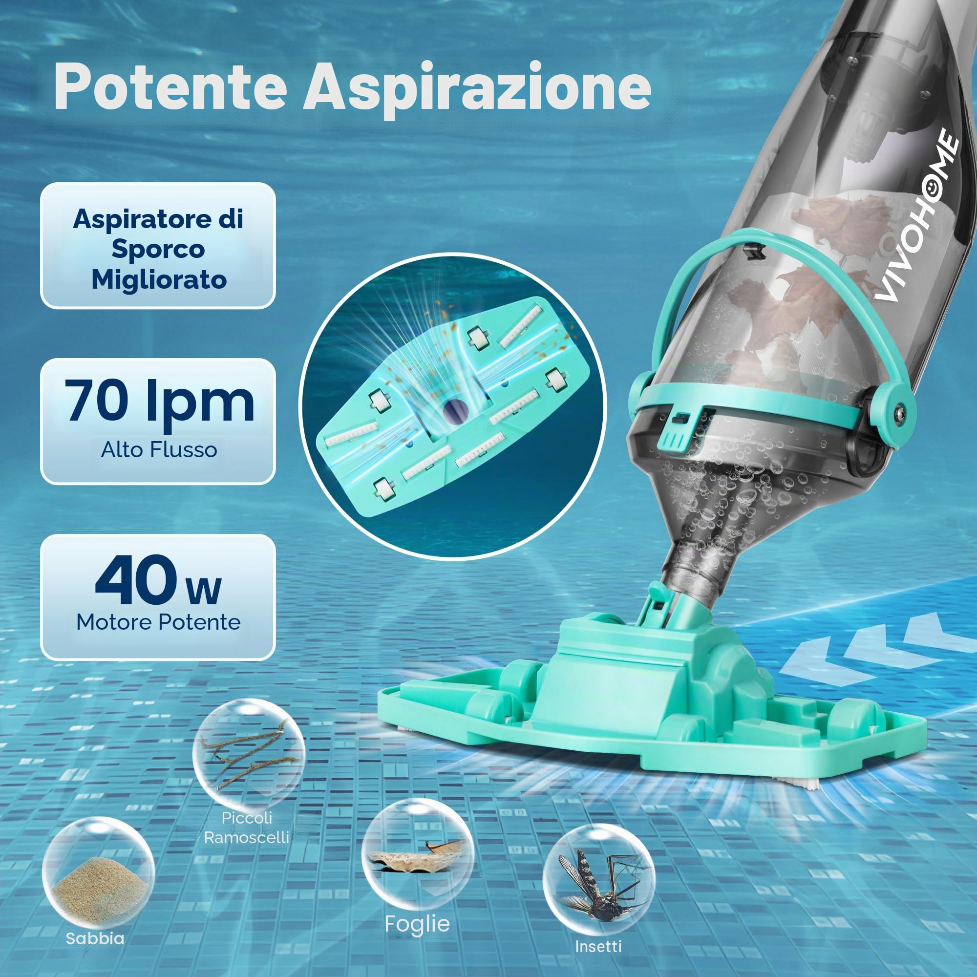 VIVOHOME Aspirapolvere per Piscina Senza Fili con Aste Telescopiche 278cm Aspirazione 18,5 GPM Autonomia 60 Minuti Pulitore Portatile Ricaricabile con Indicatore di Batteria per Piscine