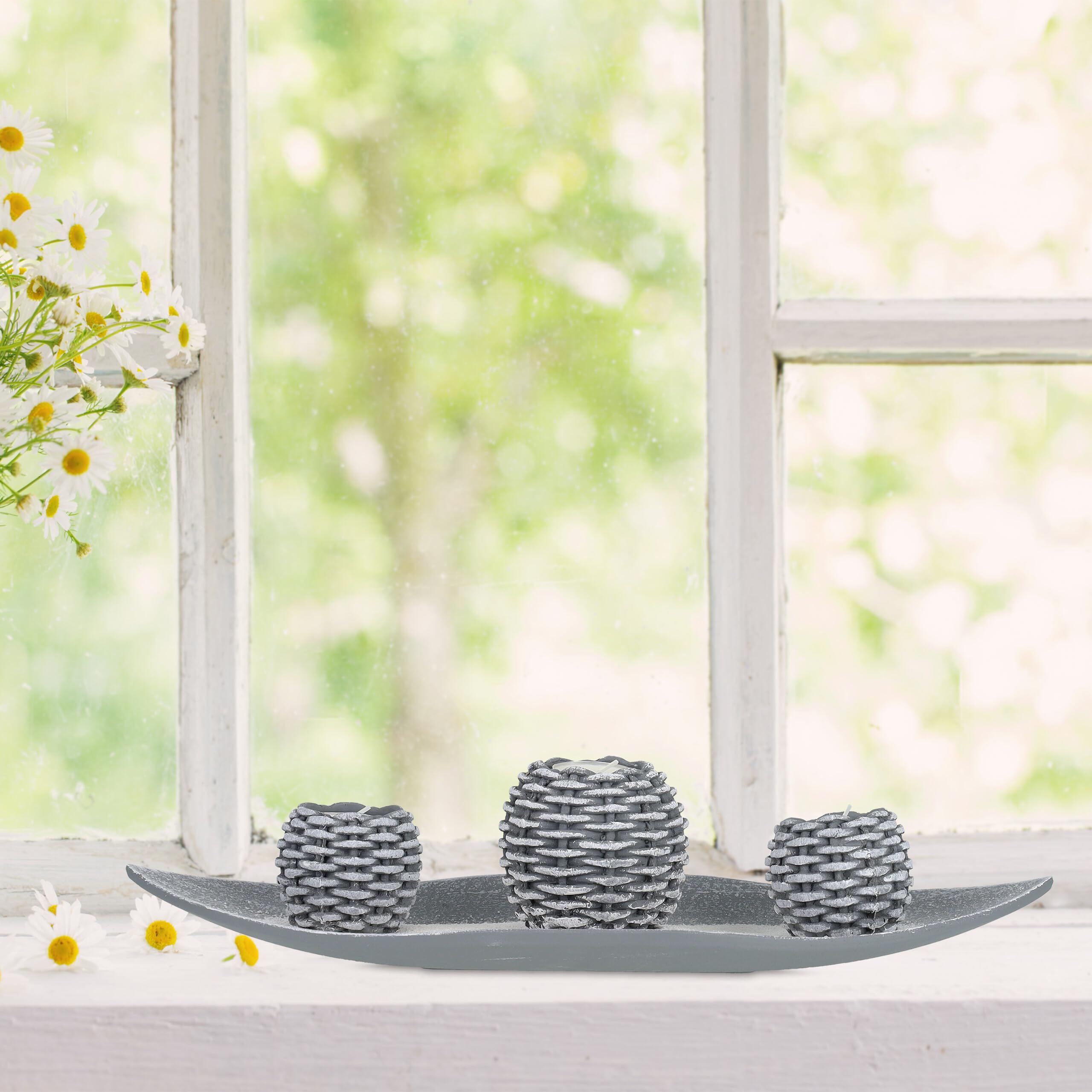 Relaxdays Portacandele Decorativo con Vassoio, 3 Porta-Tea Light e Sabbia, per Il Tavolino e Il Salotto, Grigio Bianco