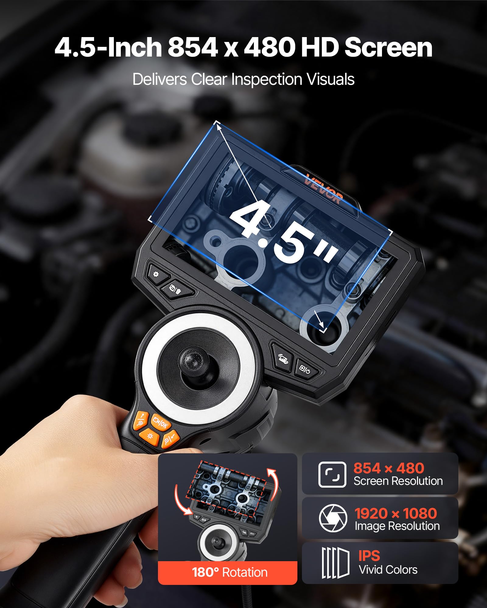 VEVOR Caméra Endoscopique 360° 4 Voies Endoscope 1080p Caméra Inspection pour Canalisation et Automobile, avec Sonde 6,2 mm, Éclairage, Écran IPS HD 4,5 Pouces, Câble Serpent Flexible 1,5 m, Zoom 8X