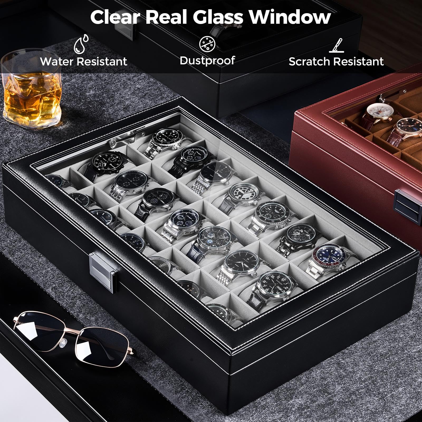 ProCase Boîte à Montres 24 Emplacements, Coffret de Rangement Grande Capacité avec Couvercle en Verre Transparent, Coffret Cadeau Élégant pour Collection de Montres -Noir
