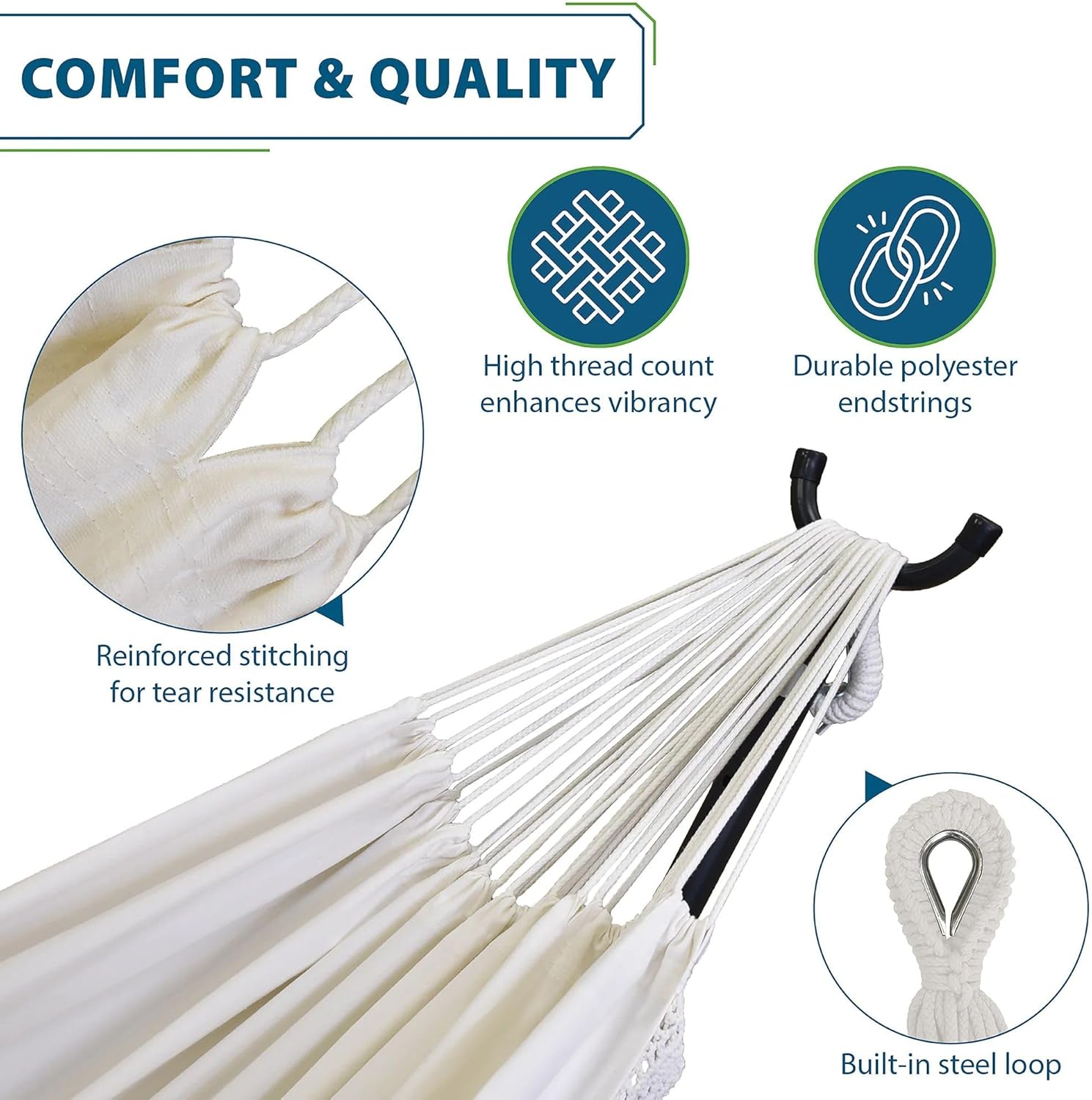 Vivere Double Cotton Hammock with Space Saving Steel Stand, Upgraded Polyester End Strings 450 lb Capacity - Premium Carry Bag Included - USA Grown Cotton (Natural)