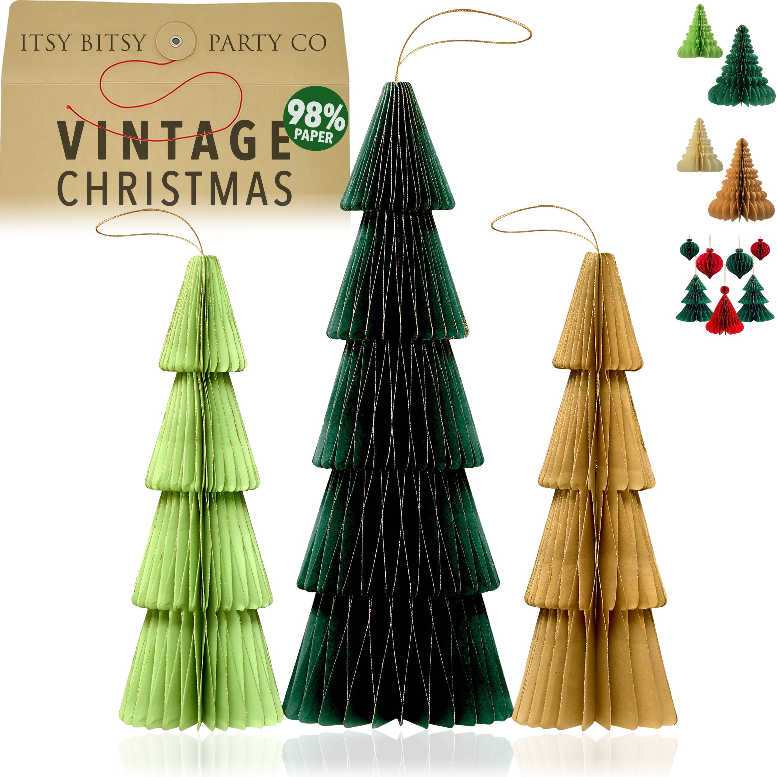 Premium Reusable Christmas Decorations - Table and Home Decor - Paper Indoor and Hanging Xmas Trees (Green, Brown)