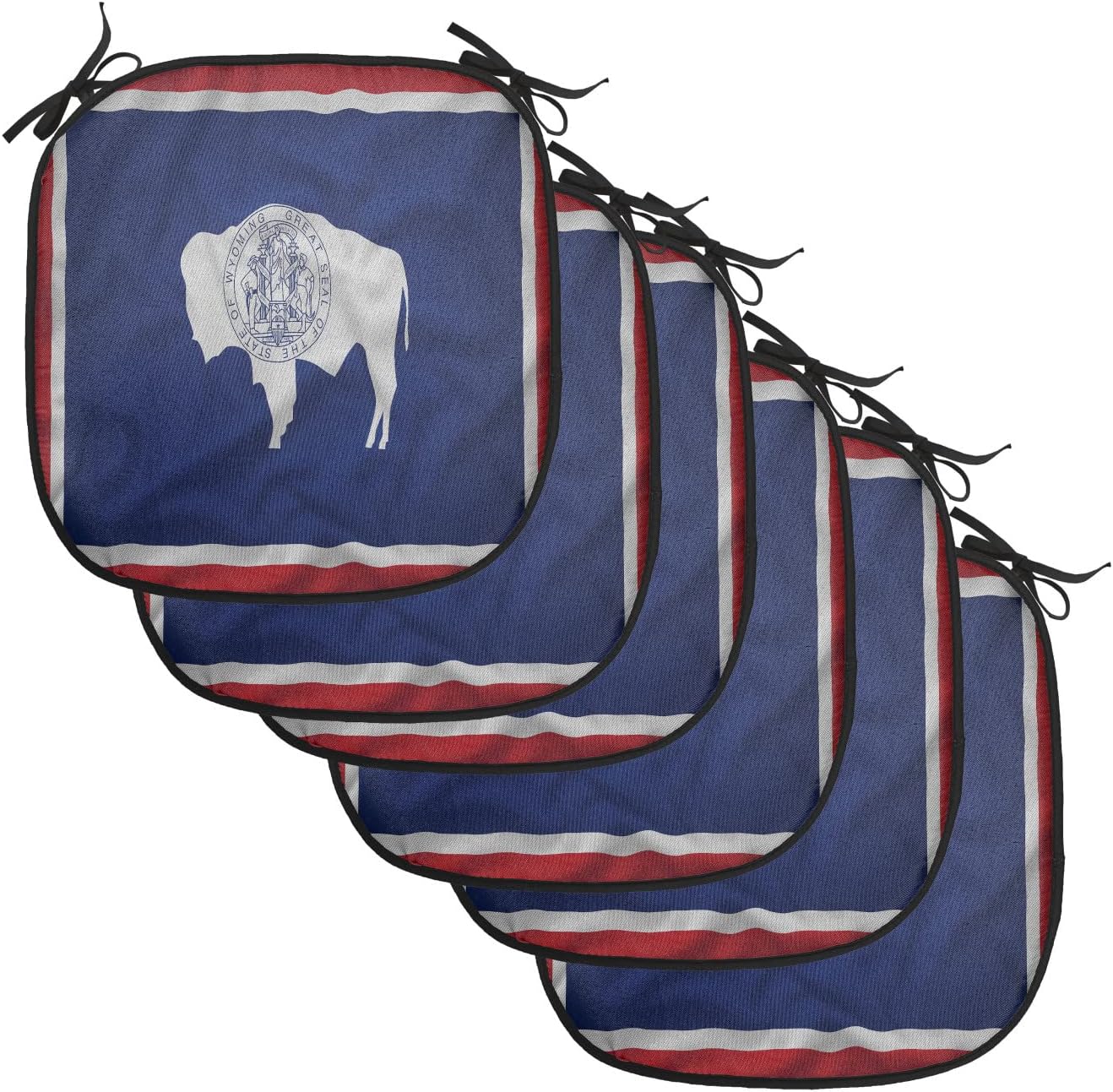 Lunarable American Chair Cushion Pads Set of 6, Wyoming Flag American Bison Purity and Uprightness Composition, Anti-Slip Seat Padding for Kitchen & Patio, 16"x16", Navy Blue Coconut
