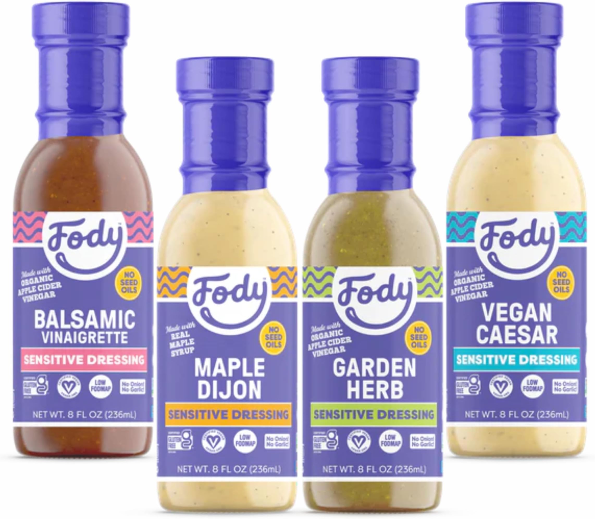Fody Foods Salad Dressing Variety Pack, 8 Oz (Pack of 4), Garlic and Onion Free, Low FODMAP Certified, Gut & IBS Friendly, Vegan, Non-GMO, Gluten Free, Keto Friendly